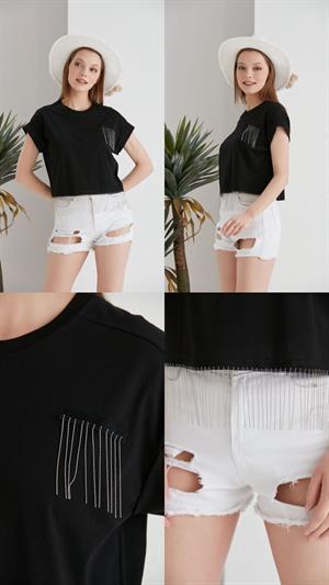 Zincir Detaylı Tasarım Siyah Tshirt