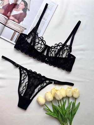 Zincir Nakışlı Balenli Tül Sütyen Takım Siyah