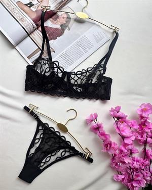 Zincir Nakışlı Balenli Tül Sütyen Takım Siyah