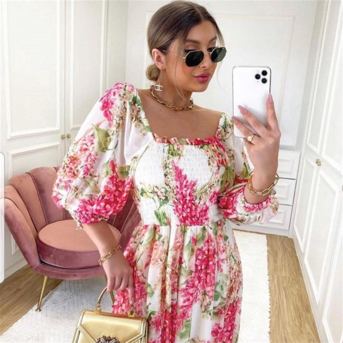  FLORAL DESEN BALON KOL GİPELİ ELBİSE 