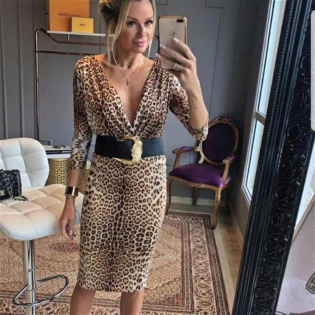  KRUVAZE YAKA LEOPAR  DESEN KALEM ELBİSE 