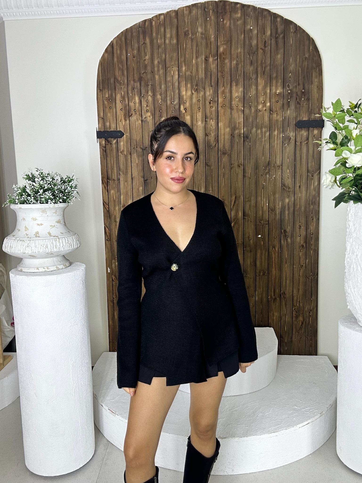  Tek Düğme Detaylı Triko Siyah Hırka