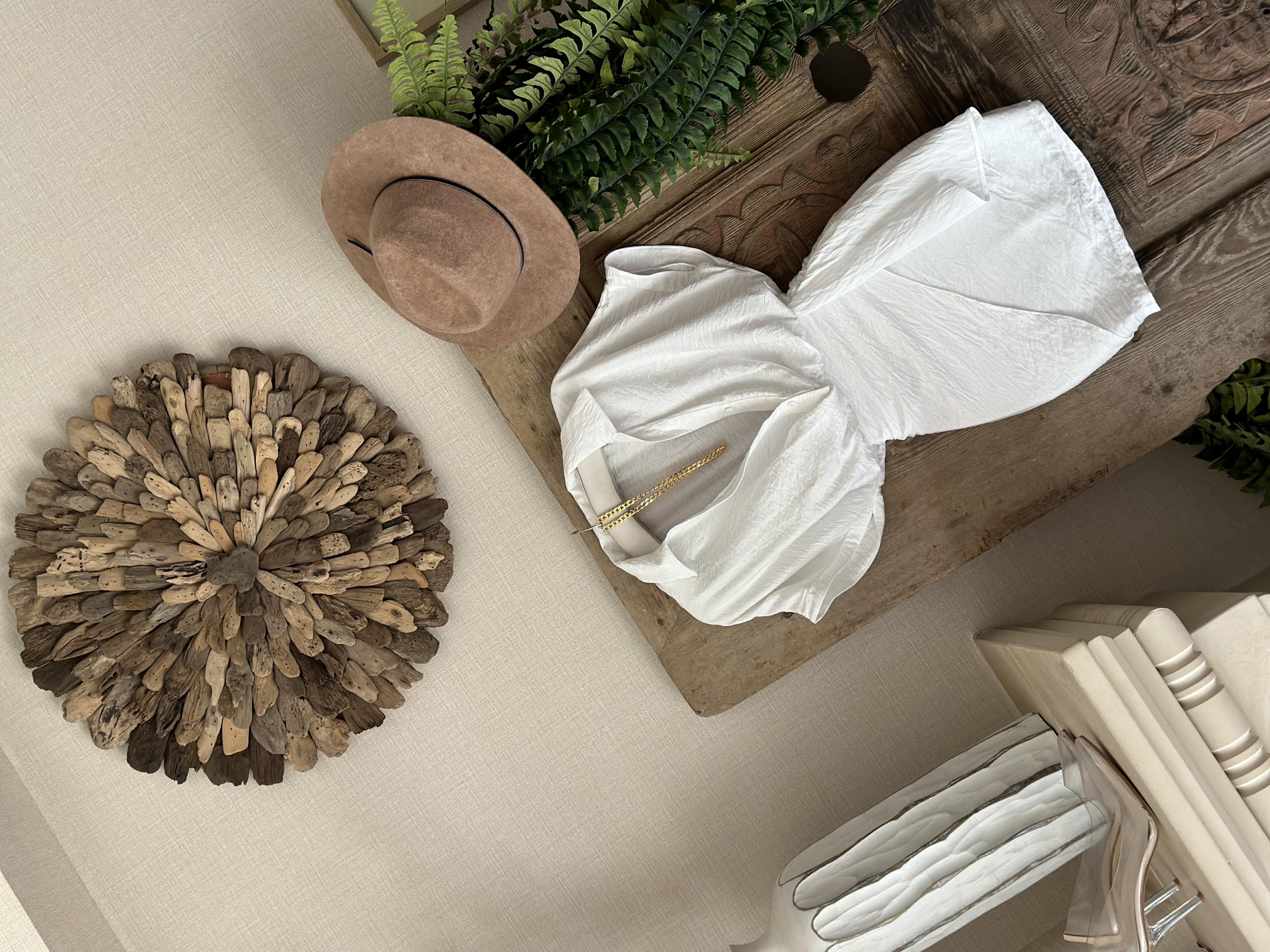 Ağaç Kabuğu Kumaş Gömlek Yaka Bağlama Detaylı Beyaz Elbise