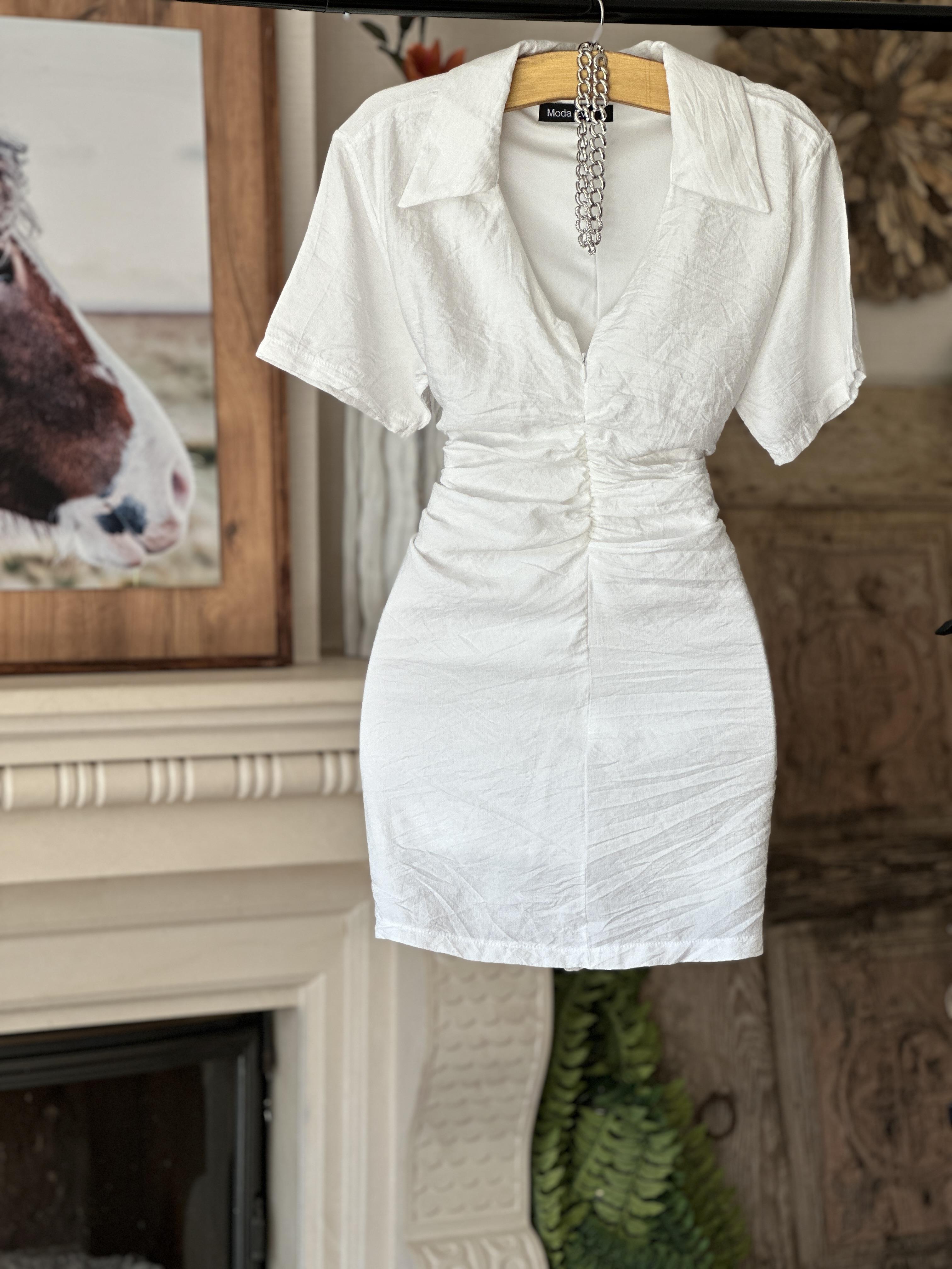 Ağaç Kabuğu Kumaş Gömlek Yaka Drape Dikişli Elbise