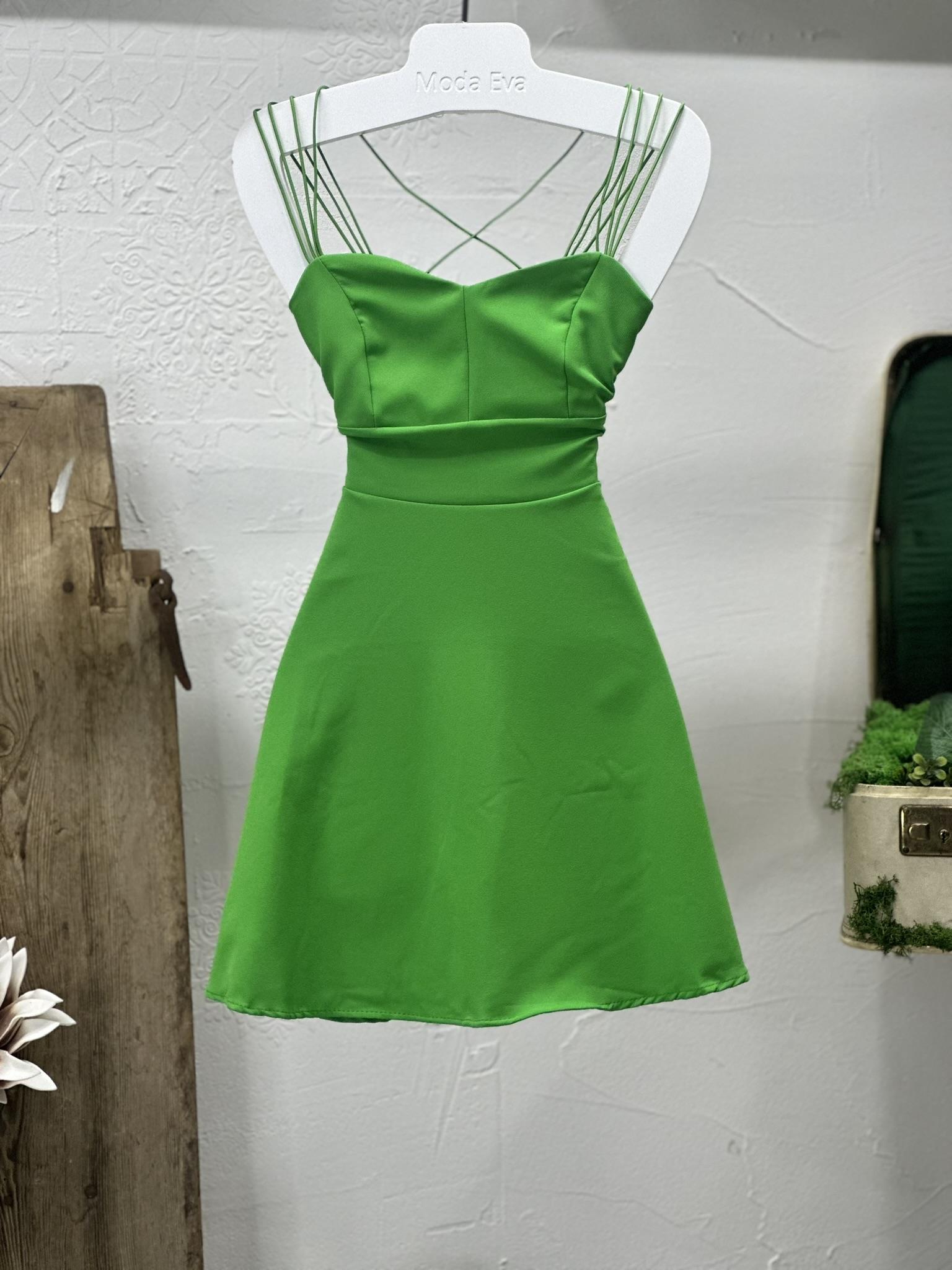 Askı Detaylı Sırt Çapraz Renkli Kloş Atlas Elbise 