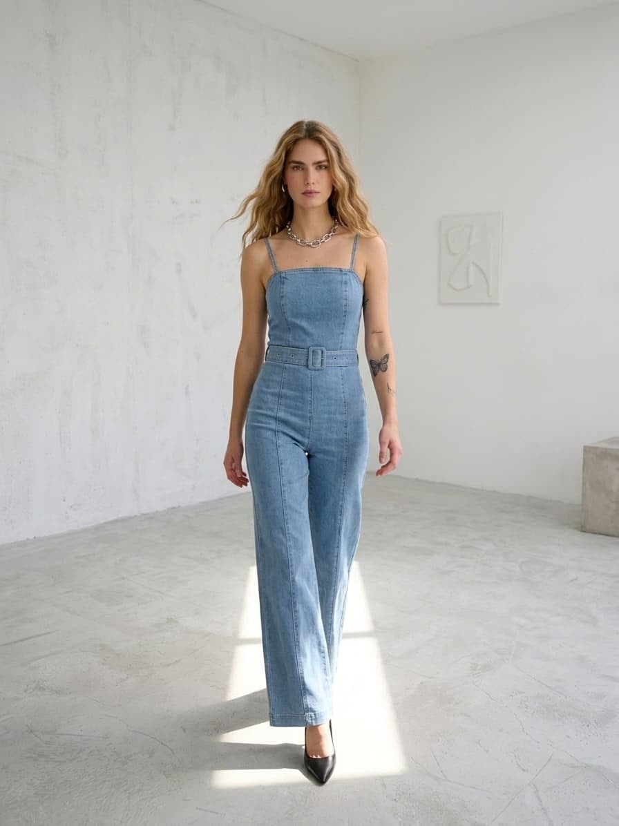 Askılı Kemerli Likralı Jean Tulum 