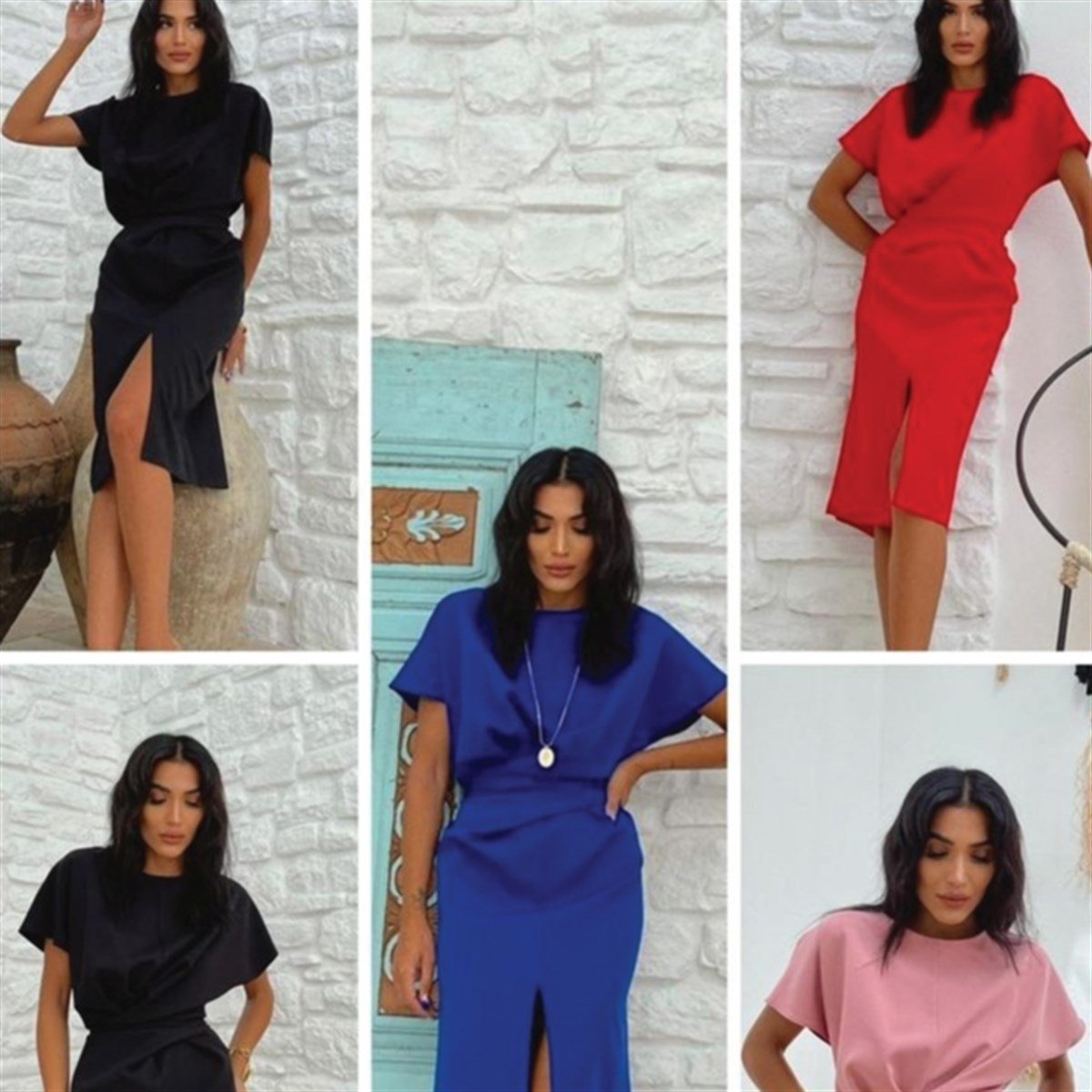 atlas kumaş bel detay yırtmaçlı kalem elbise