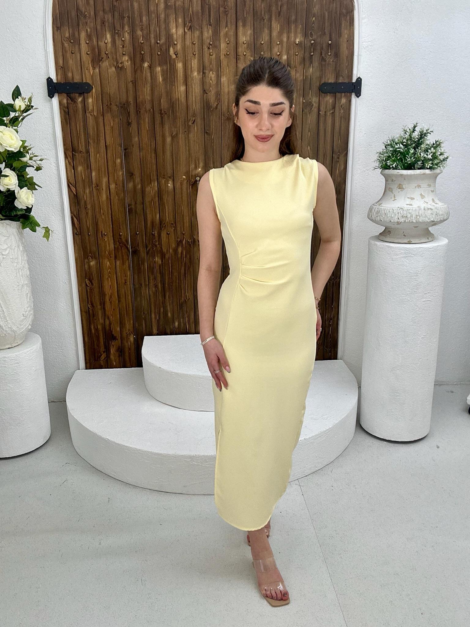 Atlas Kumaş Bel Drapeli Midi Boy Elbise Sarı