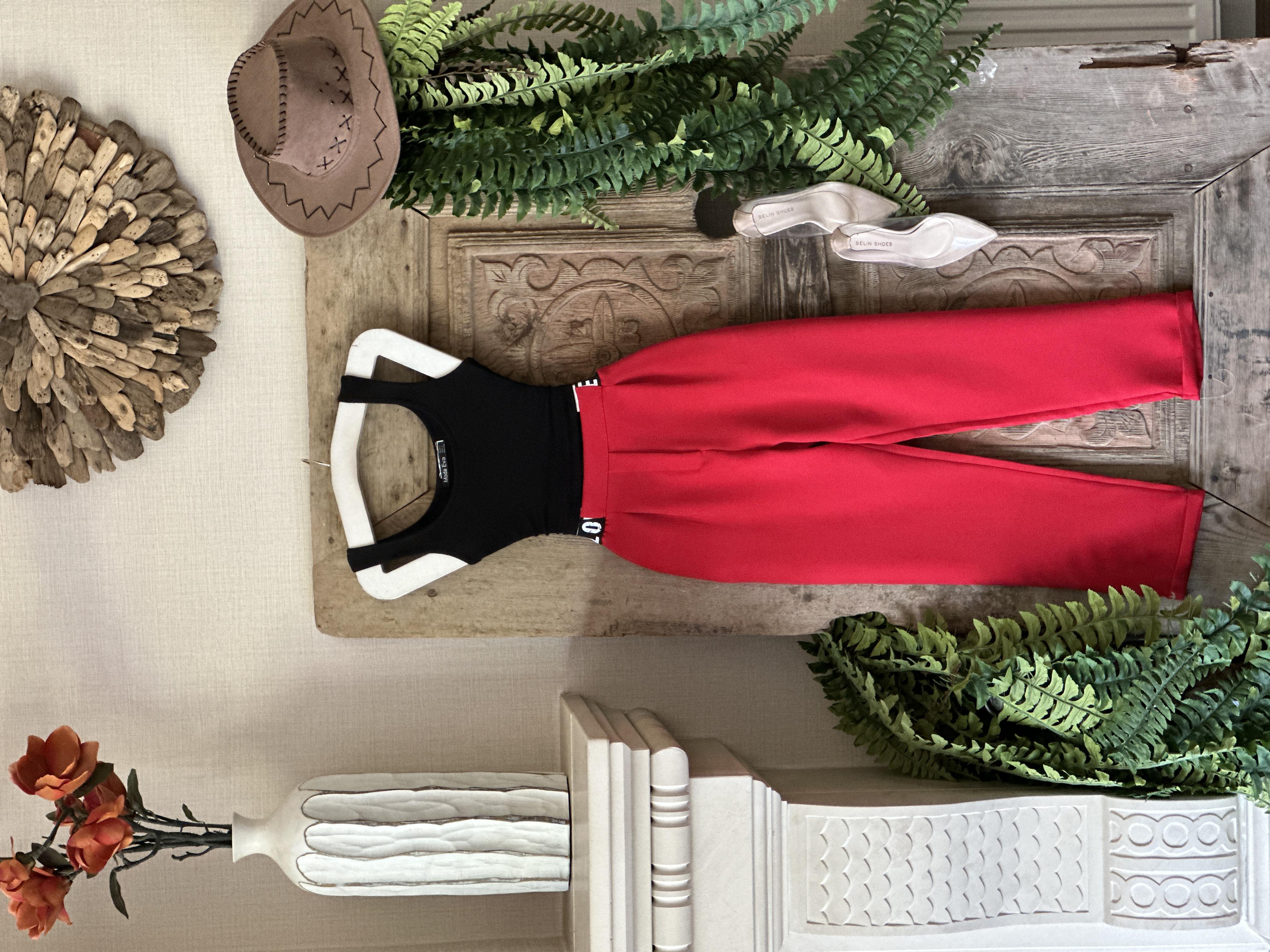 Atlas Kumaş Beli Şeritli Dar Paça Pantolon