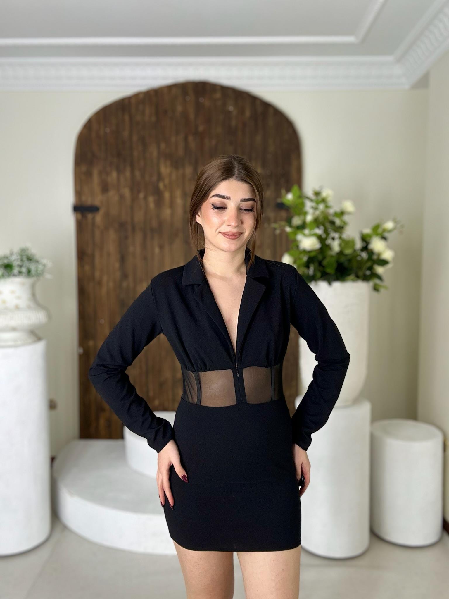 Atlas Kumaş Beli Transparan Tül Detaylı Fermuarlı Ceket Yaka Elbise