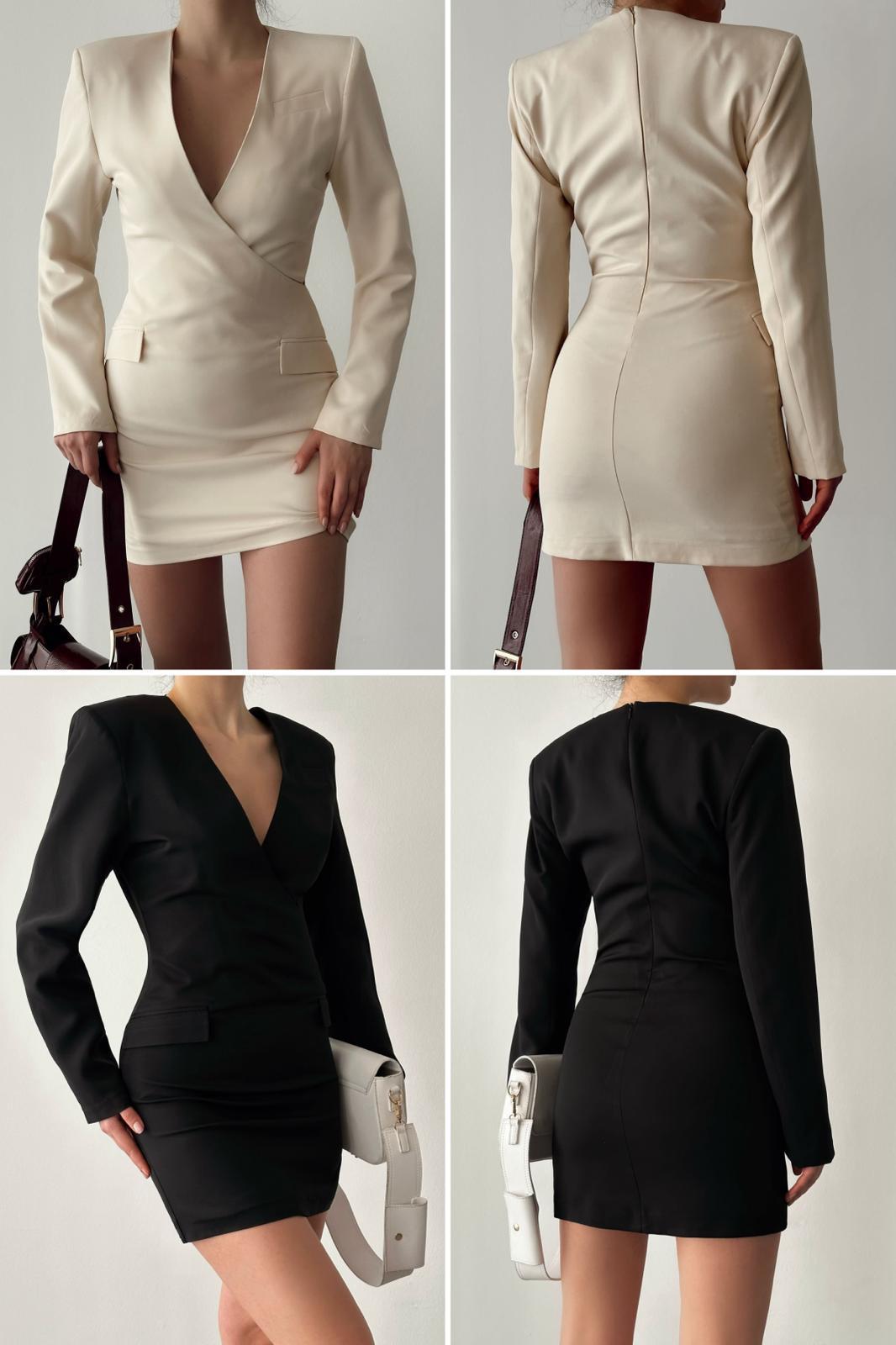 Atlas Kumaş Ceket Yaka Tasarım İki Renk Elbise