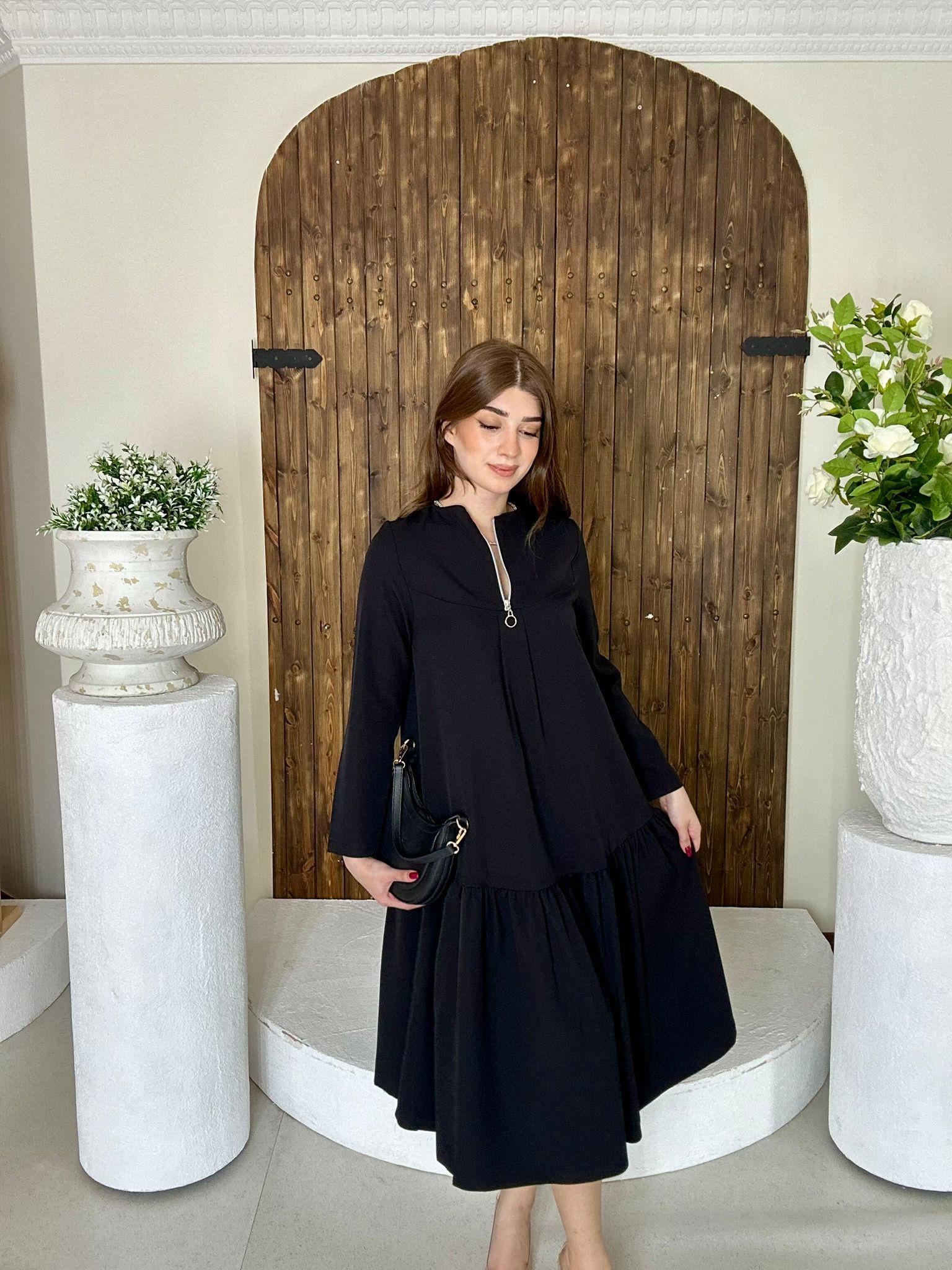 Atlas Kumaş Salaş Elbise Siyah