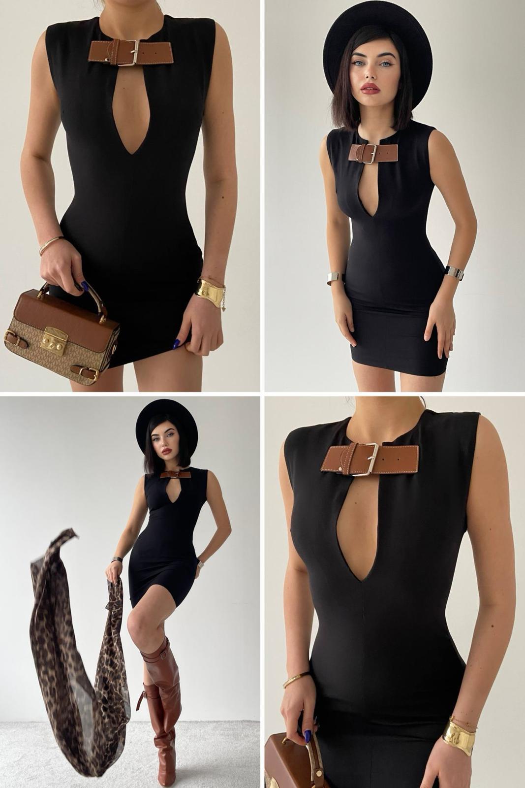 Atlas Kumaş Yaka Kemer Detaylı Tasarım Elbise