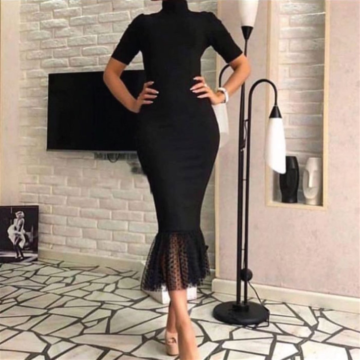 BALIKÇI YAKA ETEĞİ TÜL TRİKO ELBİSE