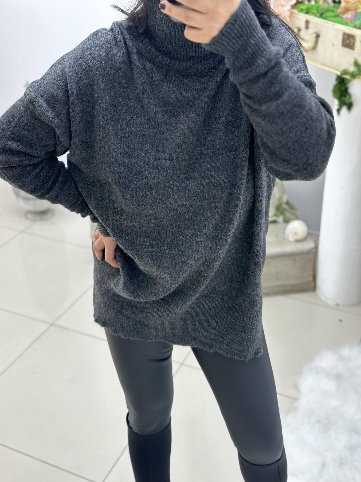 Balıkçı Yaka Oversize Yumoş Triko  Füme Basic Kazak 