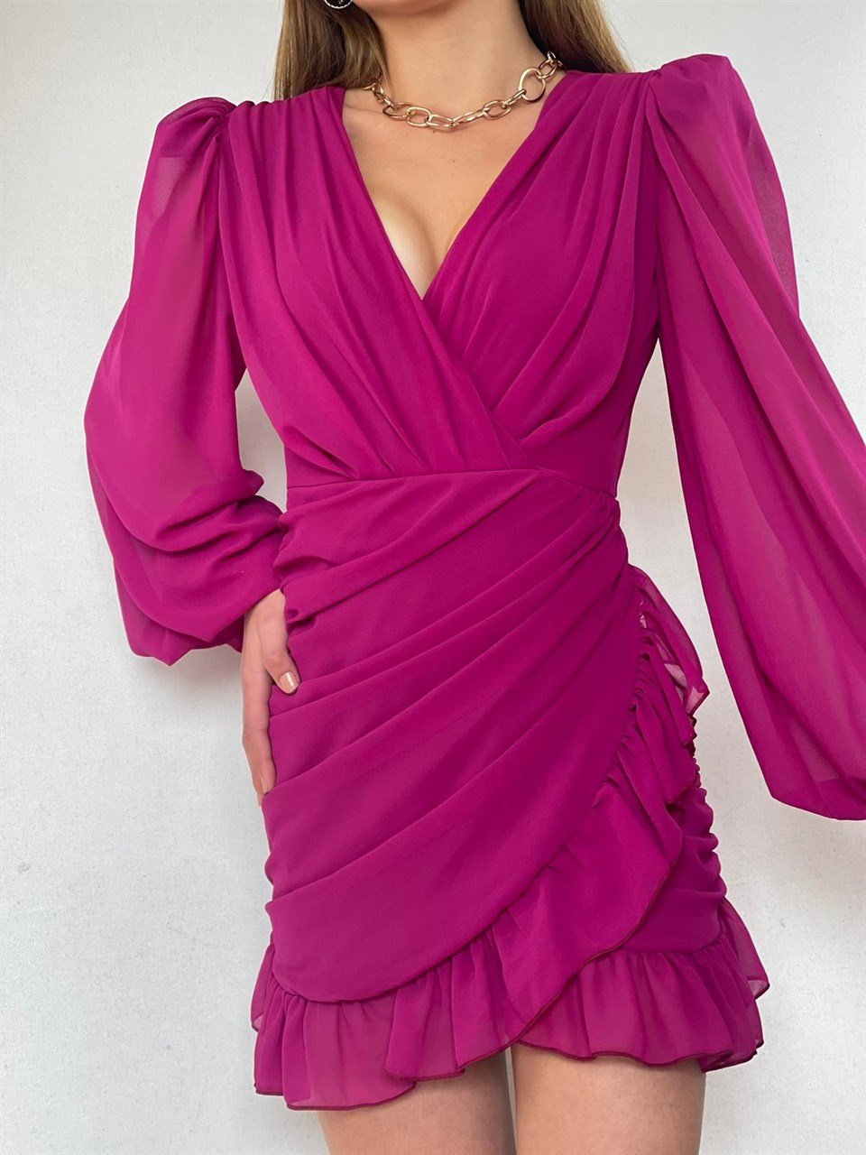 Balon-Kol-Drapeli-Fırfırlı-Tasarım-Elbise