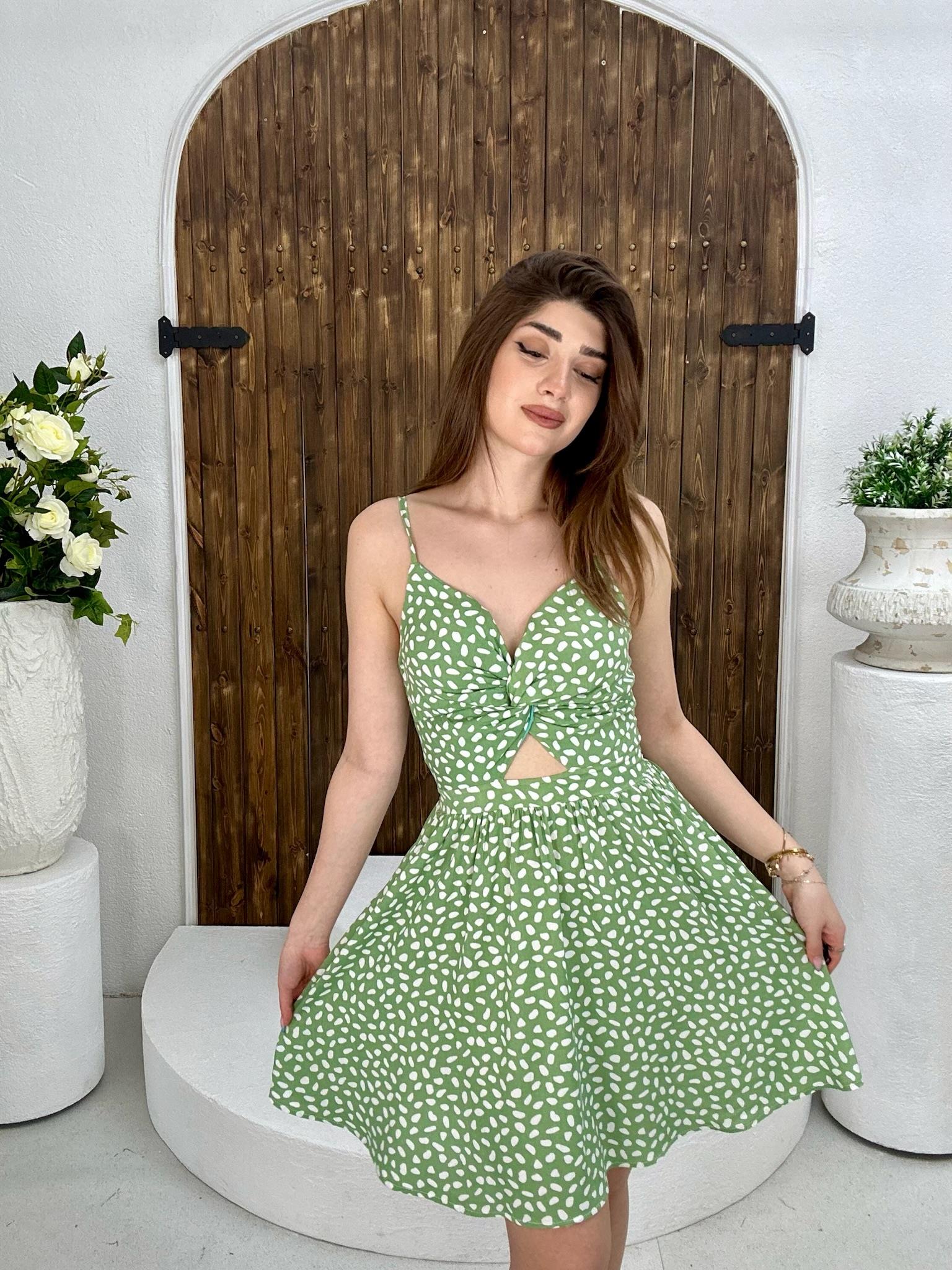 Bel Detaylı Viskon Kumaş Glop Destekli Beyaz Kloş Elbise Mint