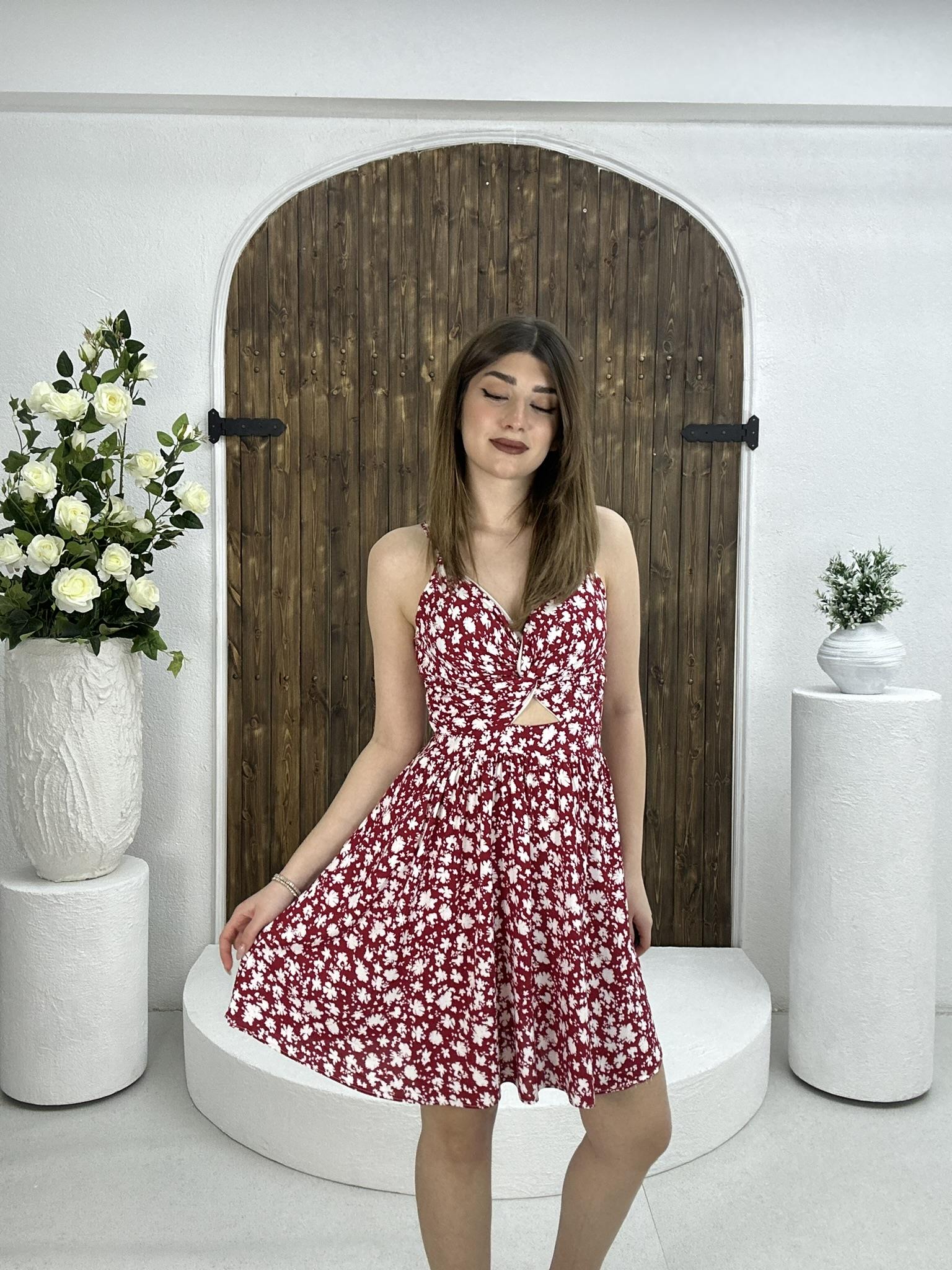 Bel Detaylı Viskon Kumaş Glop Destekli Çiçek Desen Kloş Elbise Fuşya