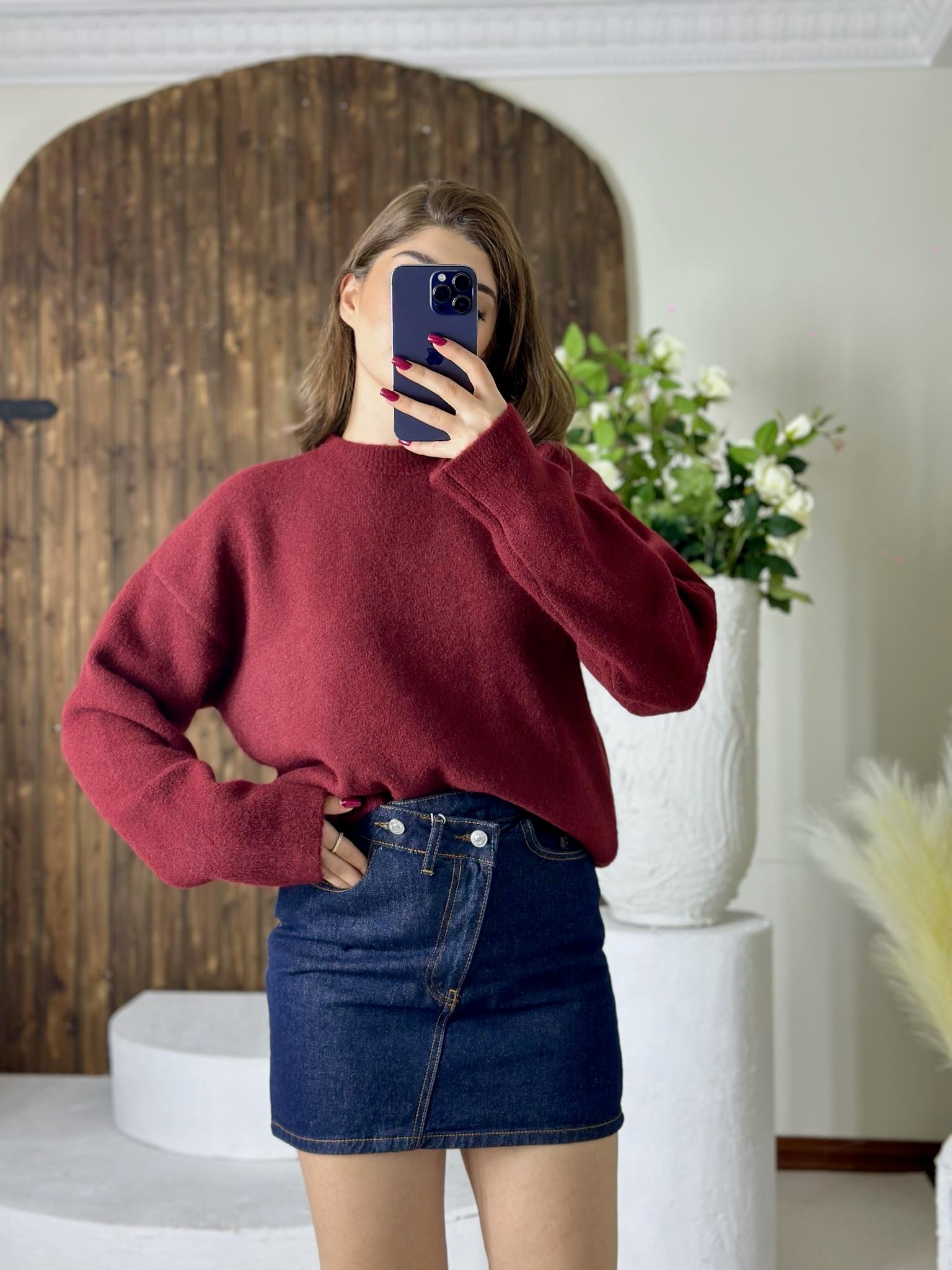 Bisiklet Yaka Yumuşak Dokulu Yün Karışımlı Kazak Bordo