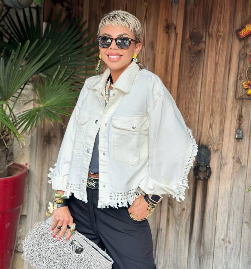 Boyfriend Kalıp Zımba Detaylı Krem Jean Ceket