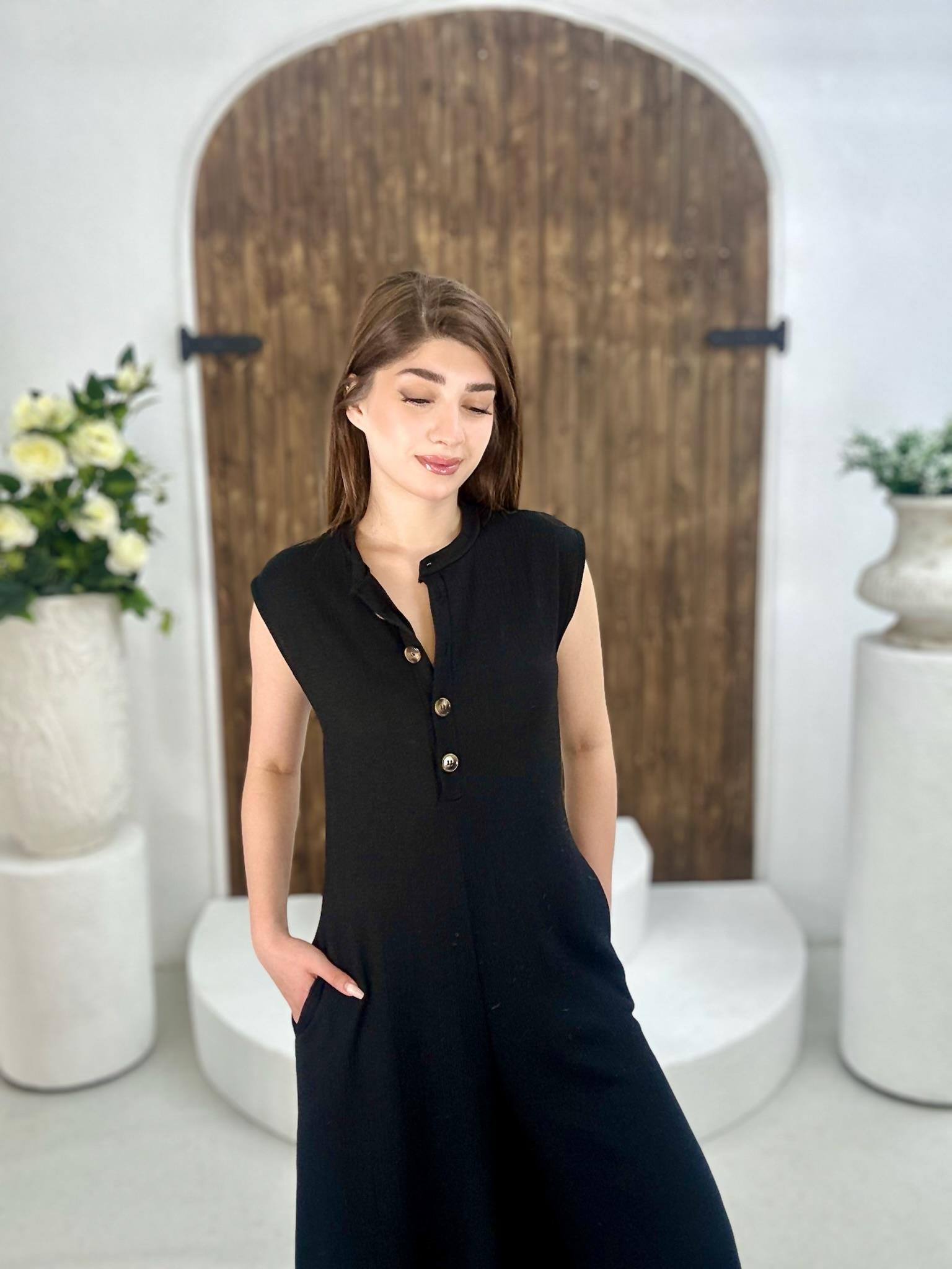 Bürümcük Kumaş Yaka Düğmeli Cepli Rahat Tulum Siyah