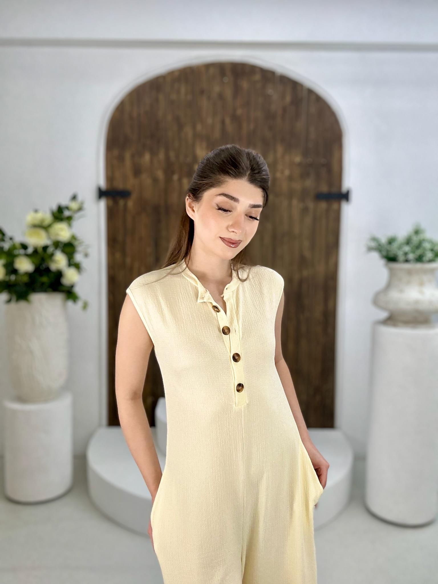 Bürümcük Kumaş Yaka Düğmeli Cepli Rahat Tulum Krem