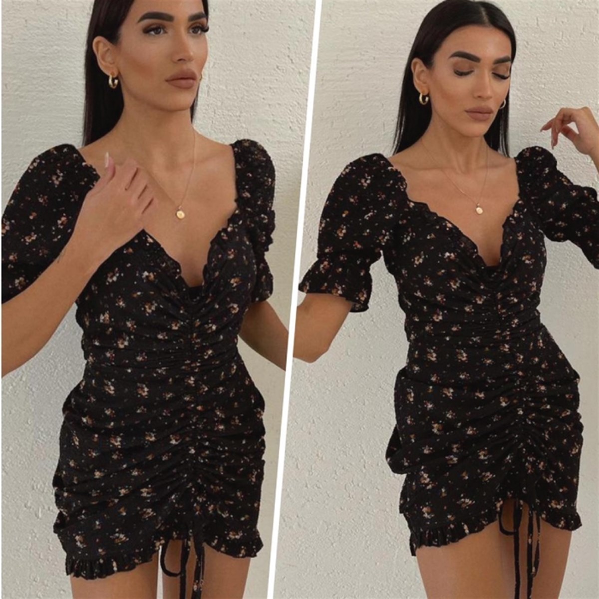 BÜZGÜ DETAY KALP YAKA MİNİ ELBİSE 
