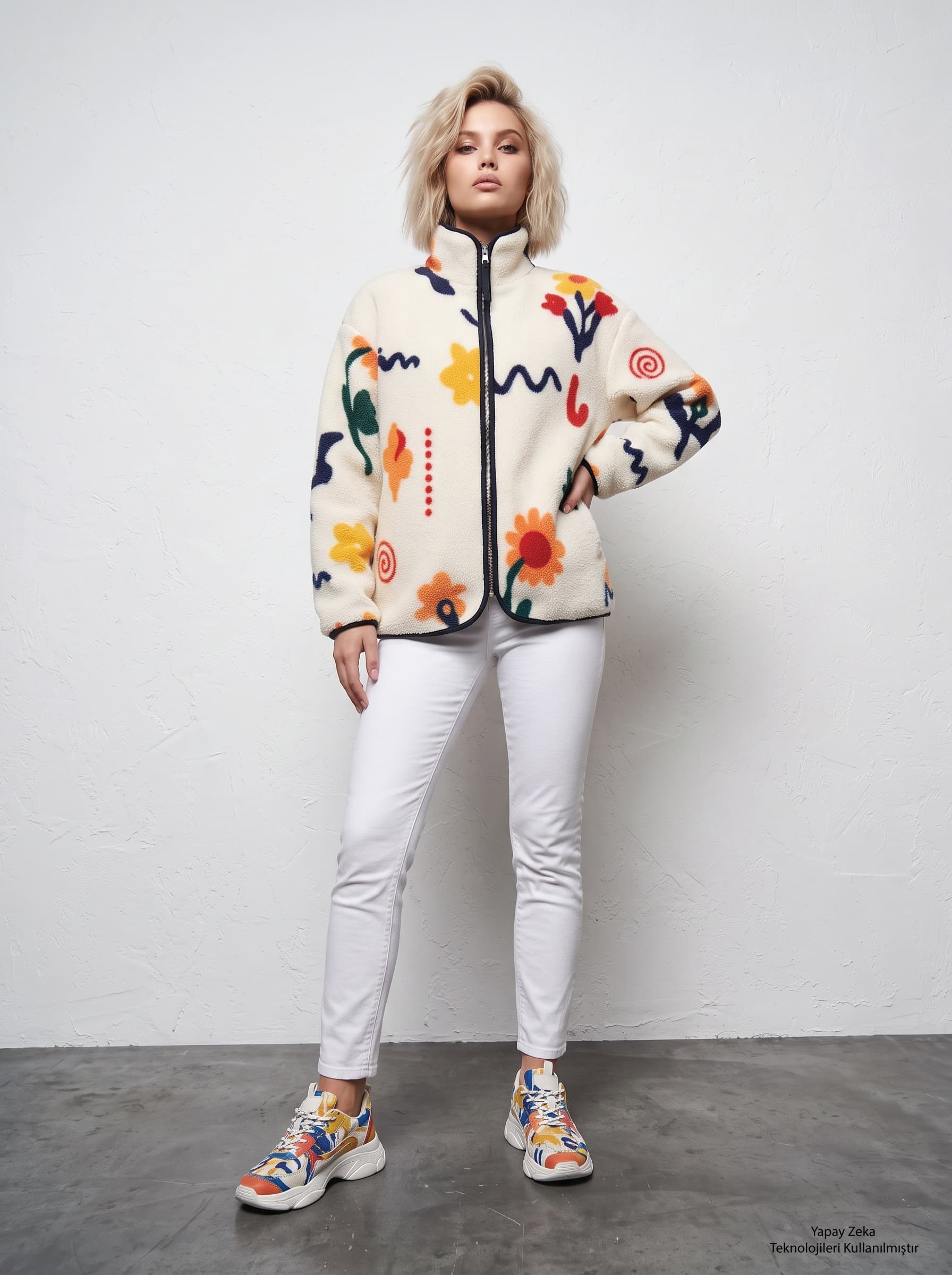 Çiçek Desenli Fermuarlı Oversize Polar Mont 