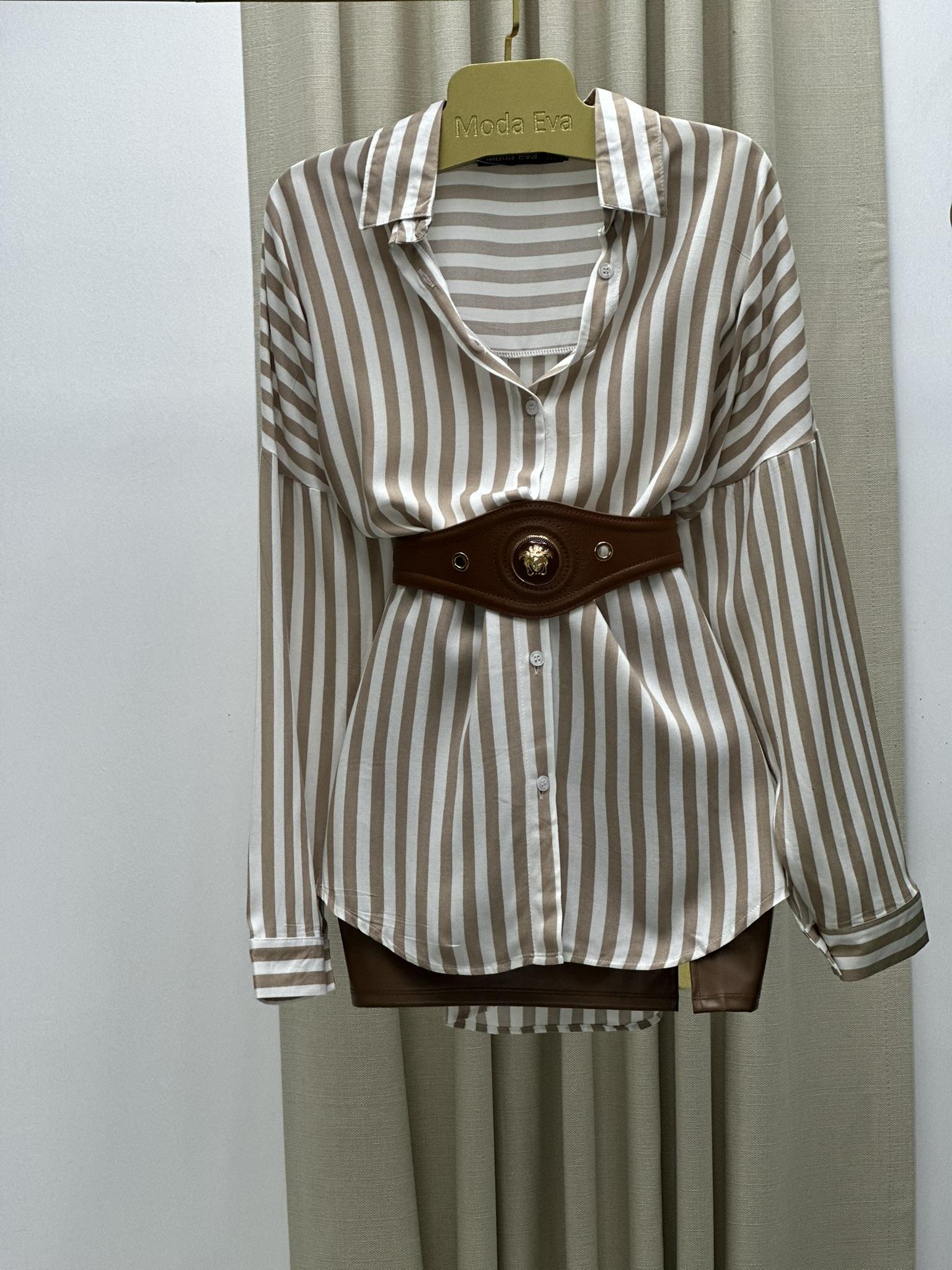 Çizgi Desen Pamuk Viskon Gömlek  Krem