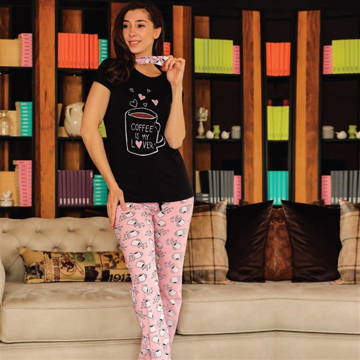 COFFEE LOVER SİYAH TSHİRT PENYE KUMAŞ PİJAMA TAKIM UYKU GÖZLÜĞÜ HEDİYELİ