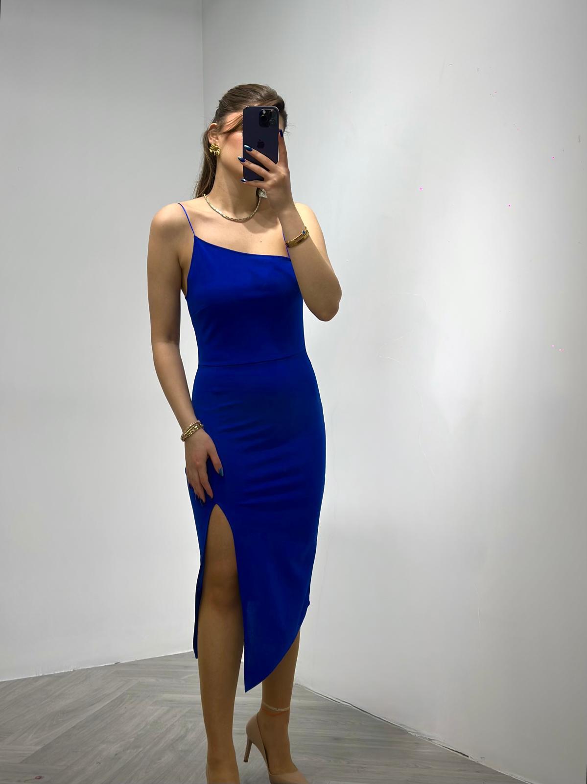 Crep Dokuma Kumaş Asimetrik Kesim Kalem Elbisemiz Saks