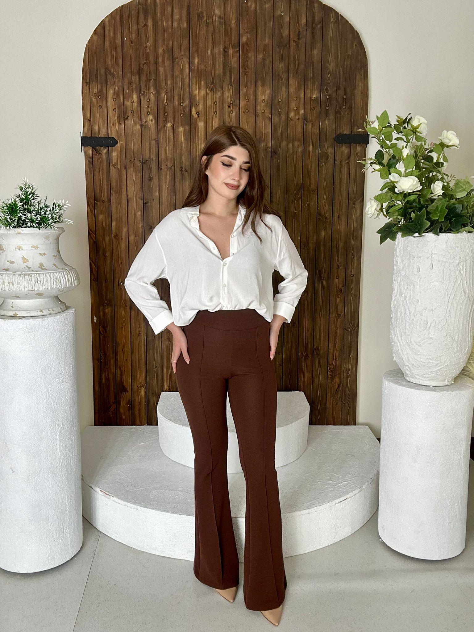 Crep Dokuma Kumaş Full likralı Çimalı İspanyol Paça Pantolon Kahverengi