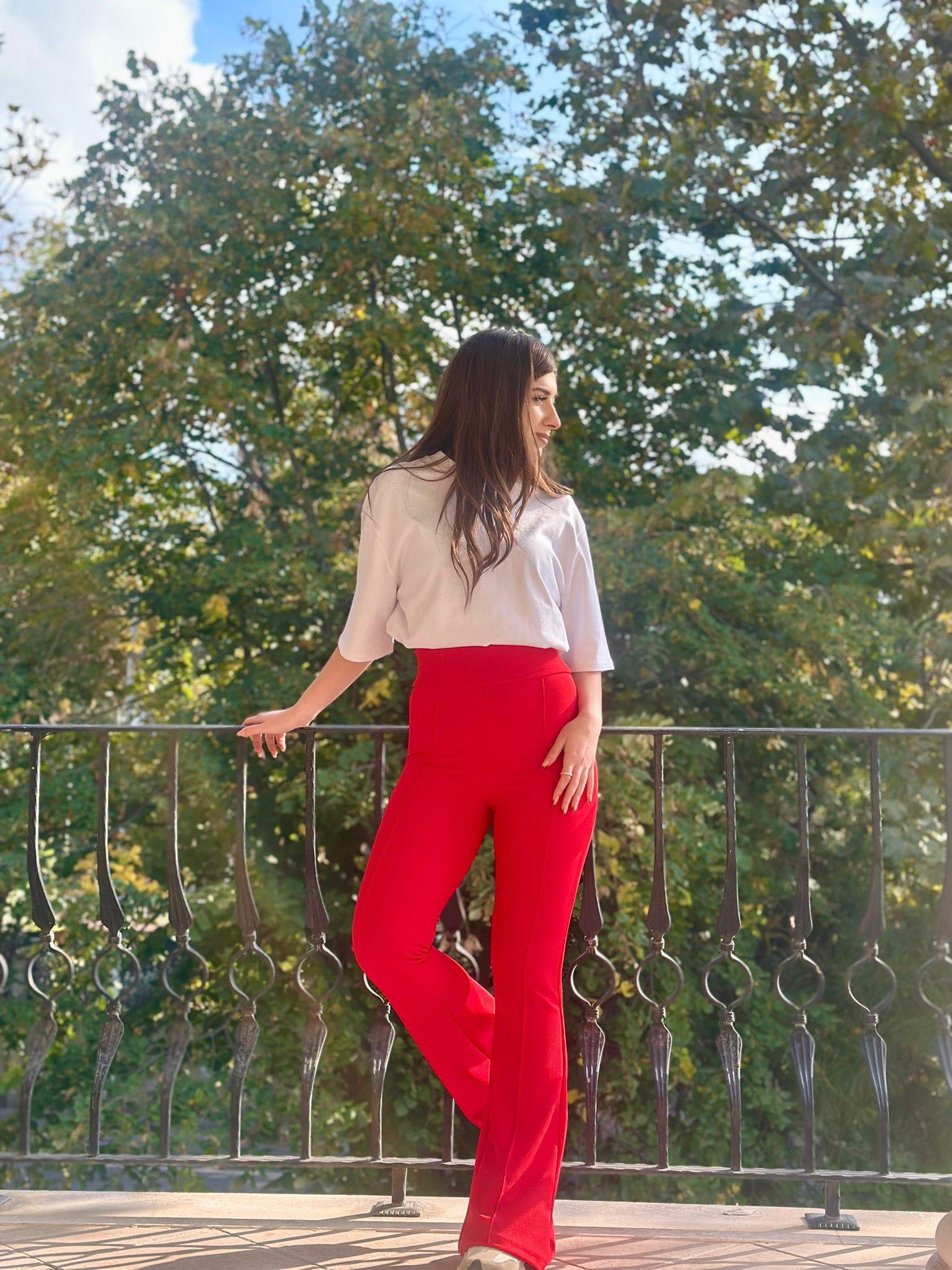 Crep Dokuma Kumaş Full likralı Çimalı İspanyol Paça Pantolon Kırmızı