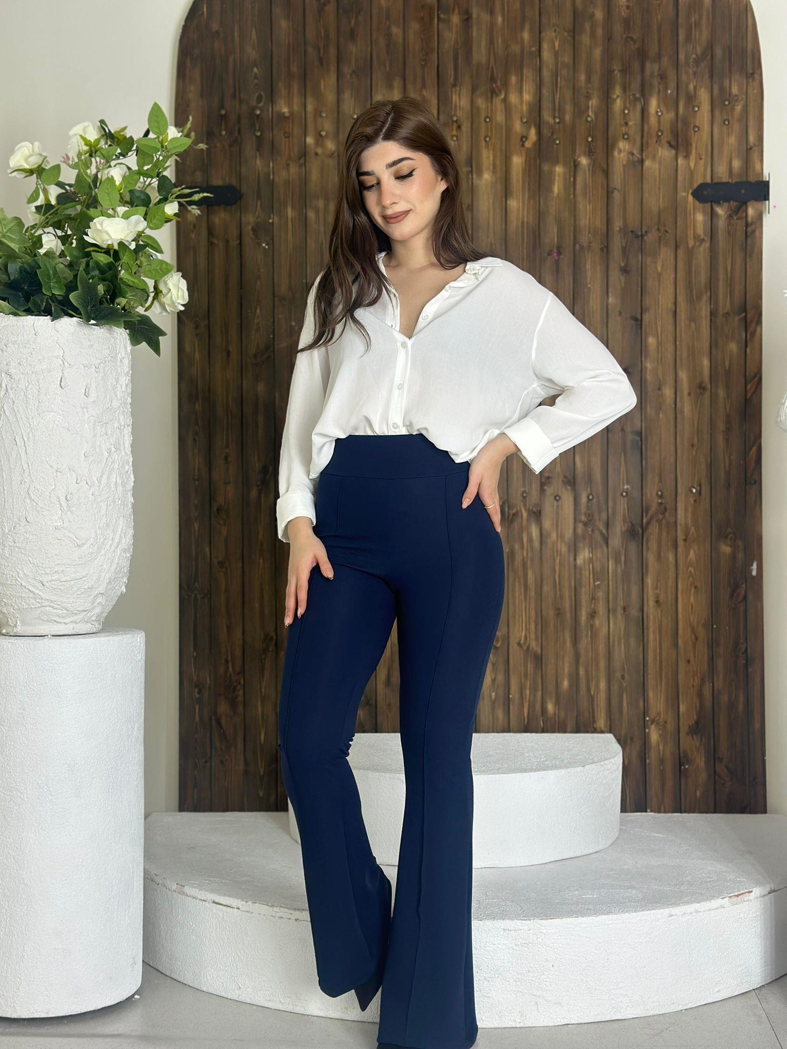 Crep Dokuma Kumaş Full likralı Çimalı İspanyol Paça Pantolon Lacivert