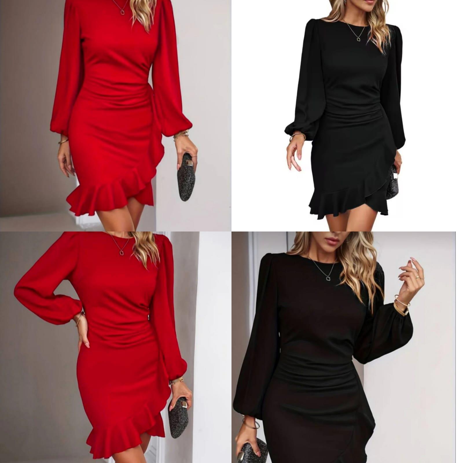 Crep Dokuma Kumaş Volan Detay Tasarım Elbise Kırmızı