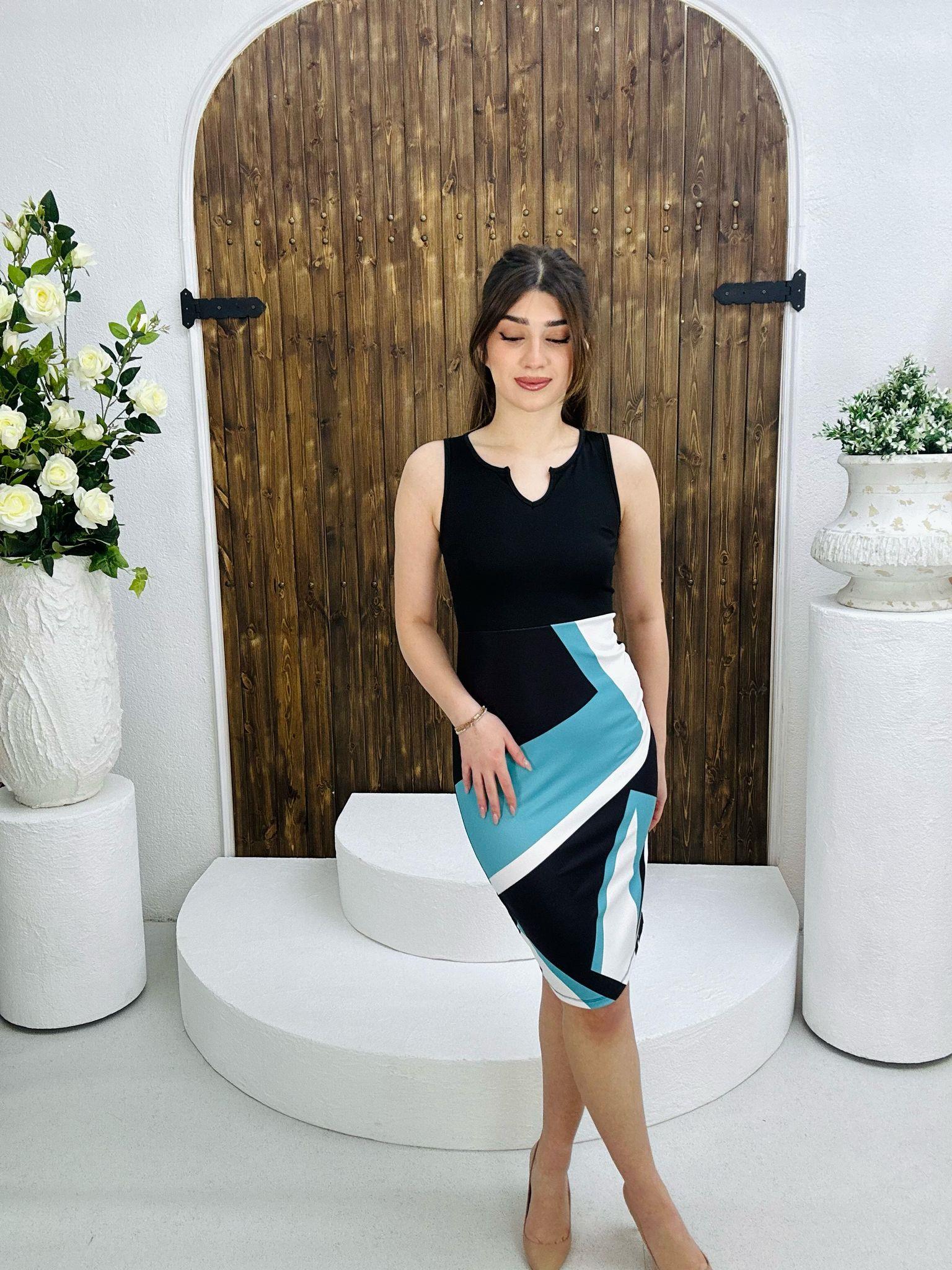 Dalgıç Kumaş Geometrik Desenli Tasarım Elbisemiz Mavi