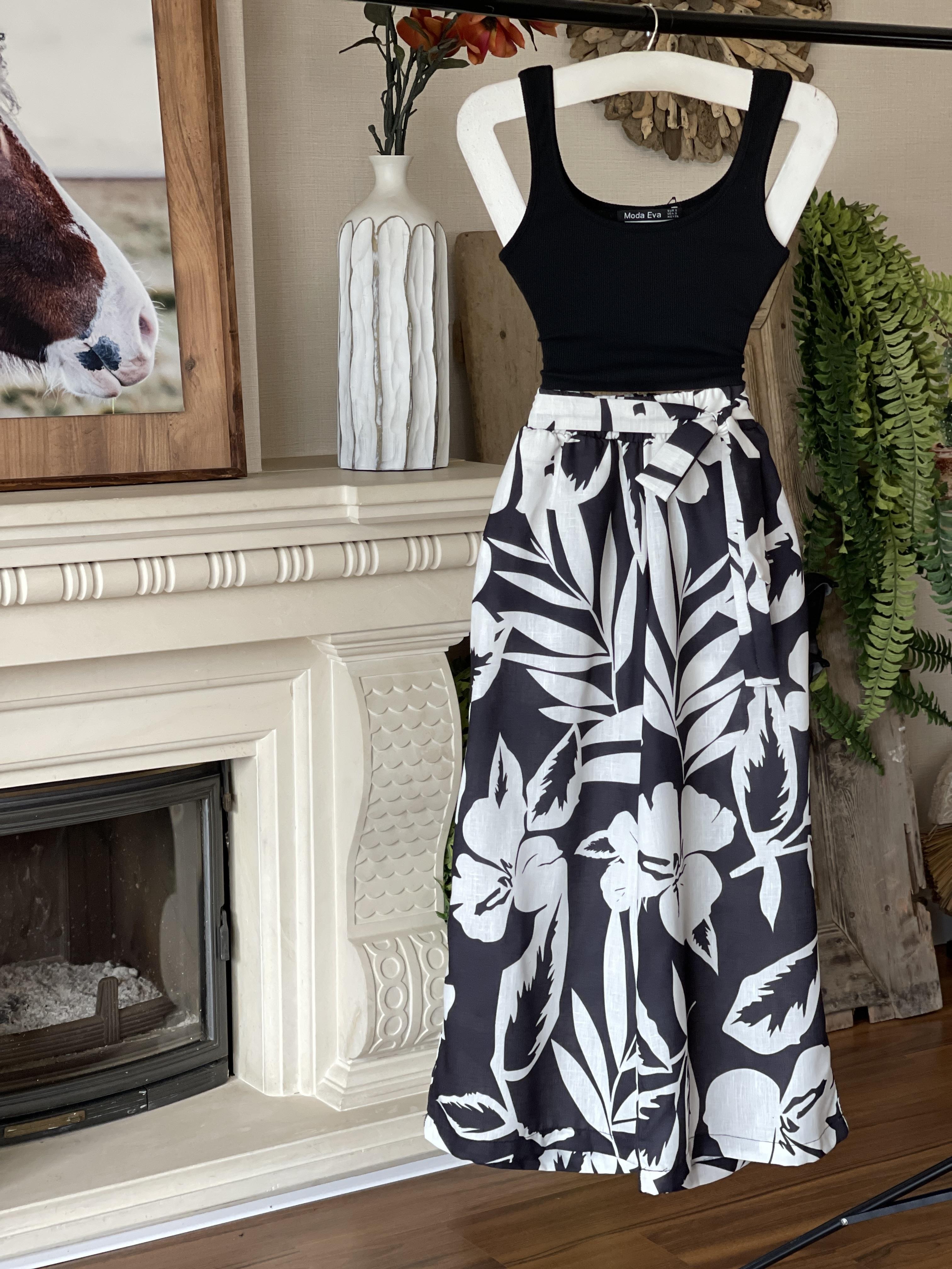 Desenli Salaş Keten Palazzo Pantolon