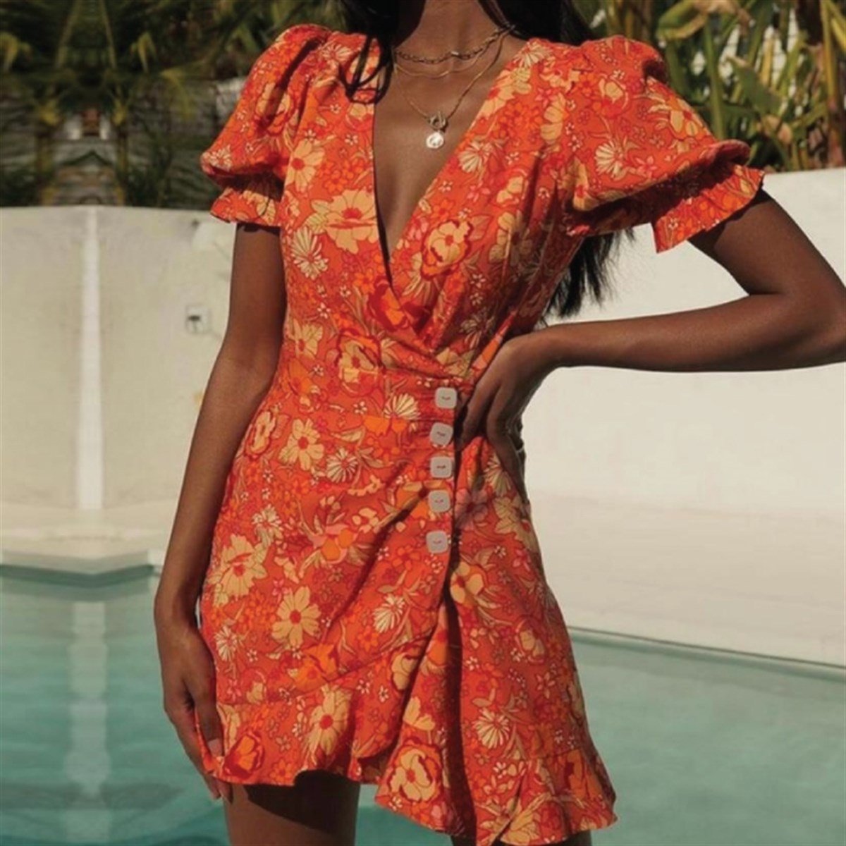 DÜĞME DETAY ORANGE TASARIM  ELBİSE 