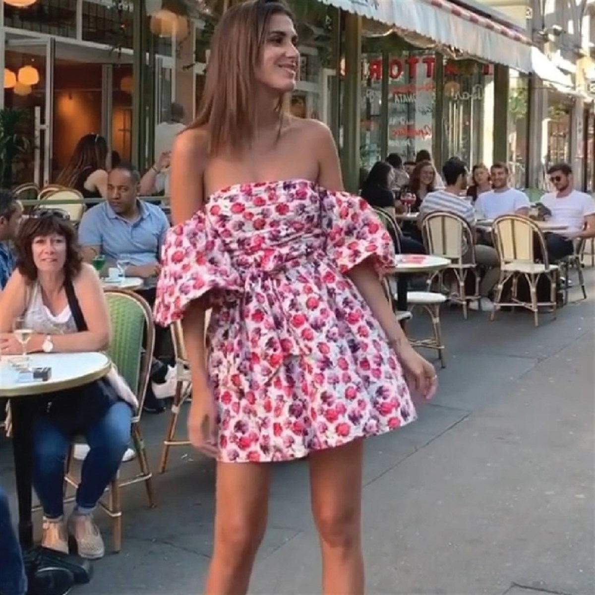 DÜŞÜK KOL TASARIM ÇİÇEK DESEN ELBİSE