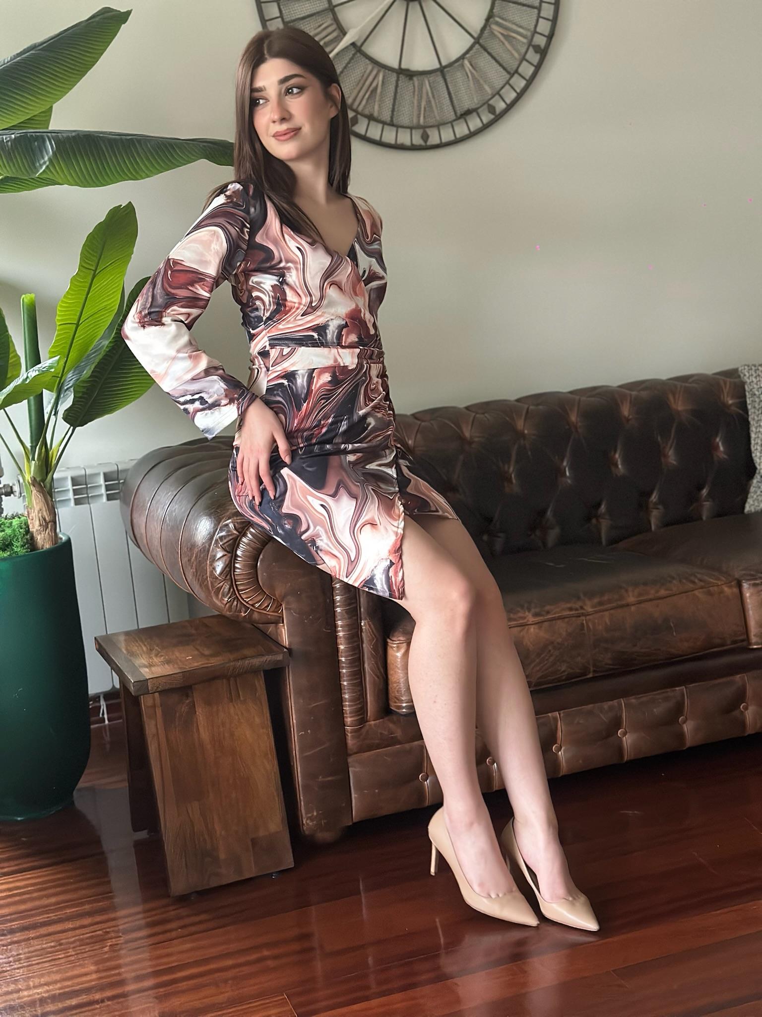 Ebruli Desen Etek Detaylı Modal Elbise 