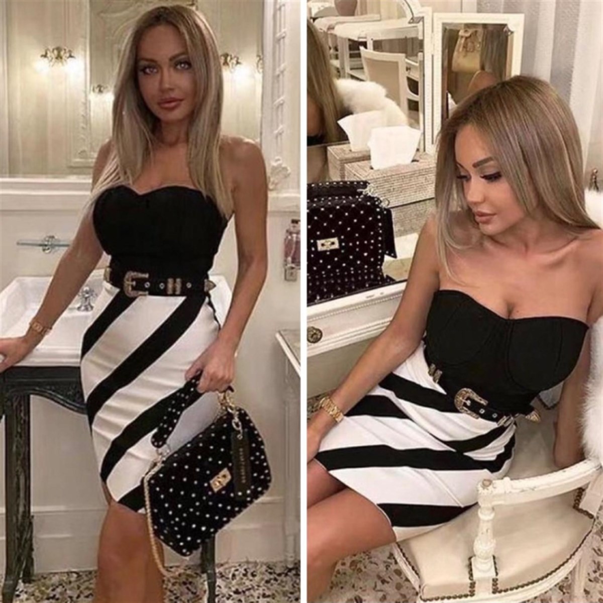 ETEĞİ ÇİZGİ DESEN KEMERLİ STRAPLEZ ELBİSE