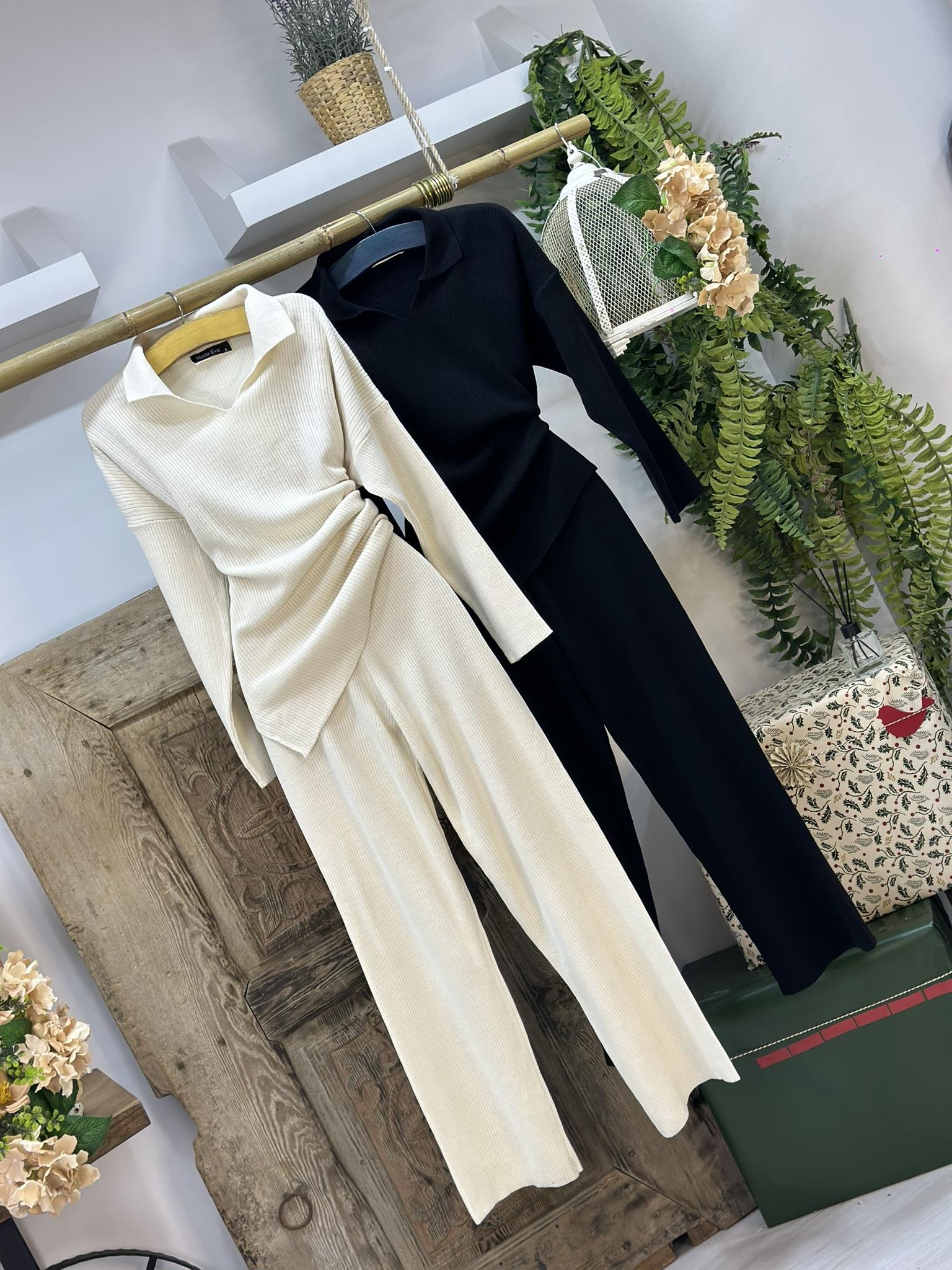 Fitilli Triko Kumaş Polo Yaka Pantolon Bluz İkili Takım 