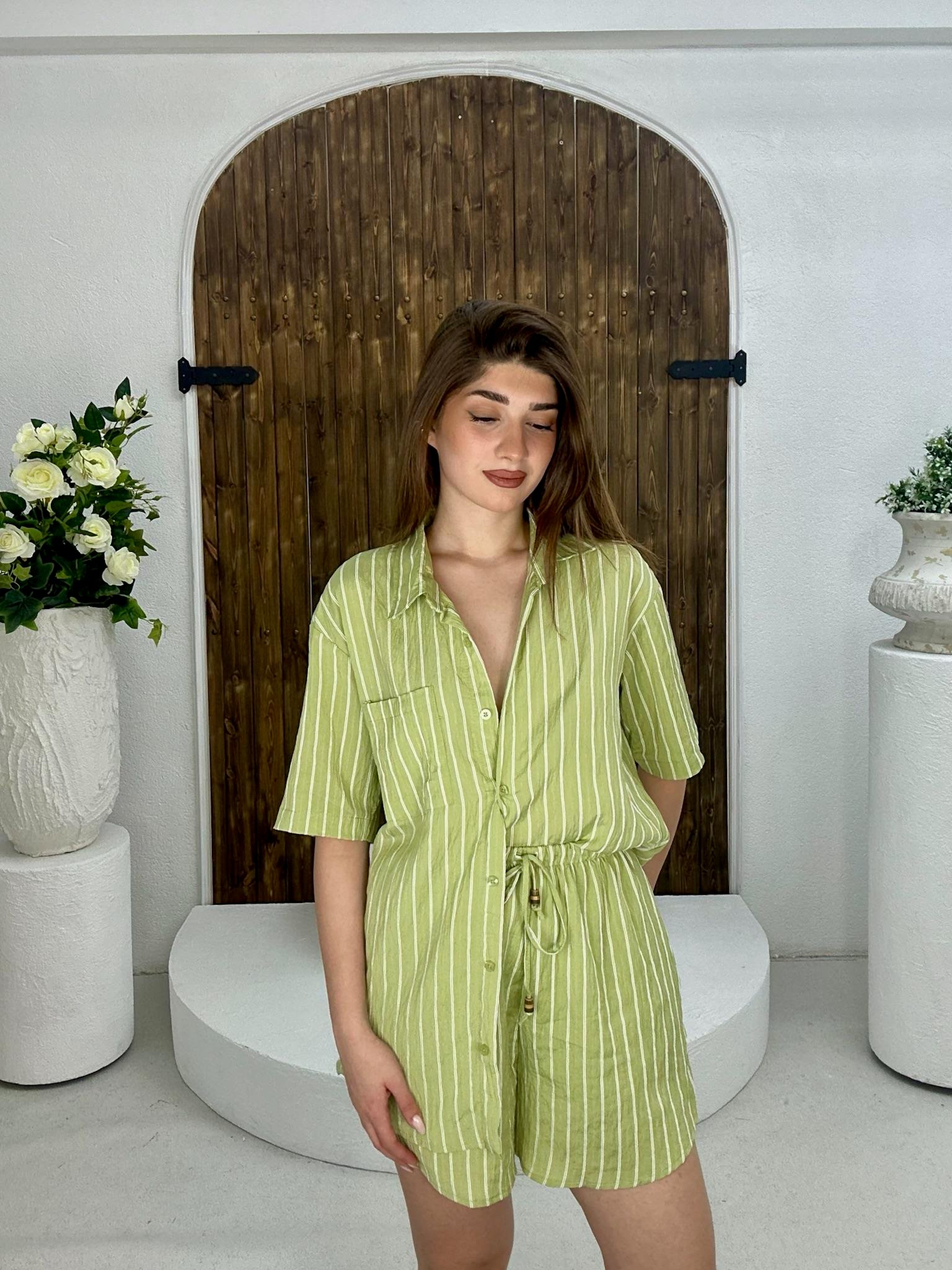 Flam Keten Kumaş Çizgi Desen Gömlek Şort İkili Takım Yeşil