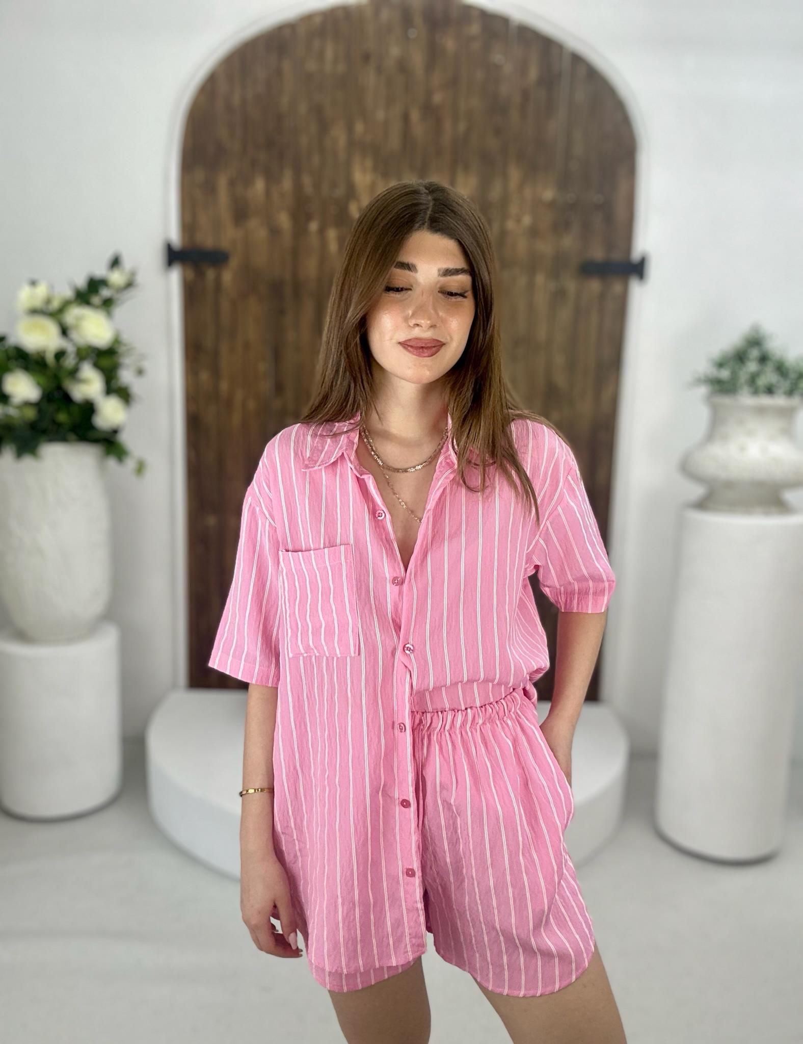 Flam Keten Kumaş Çizgi Desen Gömlek Şort İkili Takım Pembe