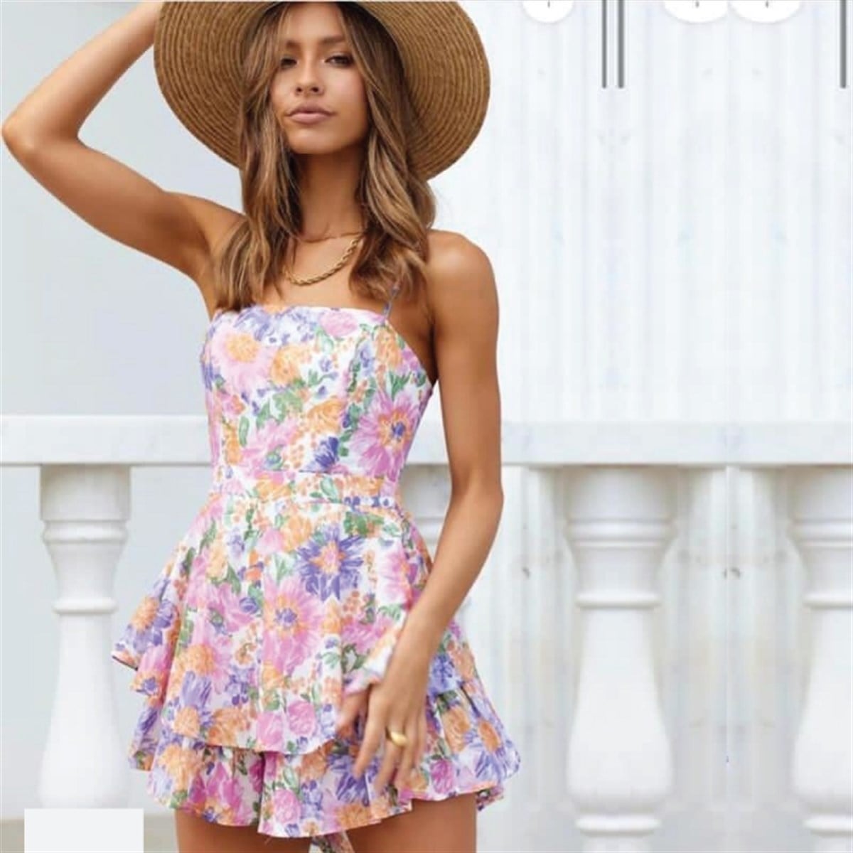 FLORAL DESEN SIRT BAĞ DETAY ŞORT DETAY ASTARLI ELBİSE