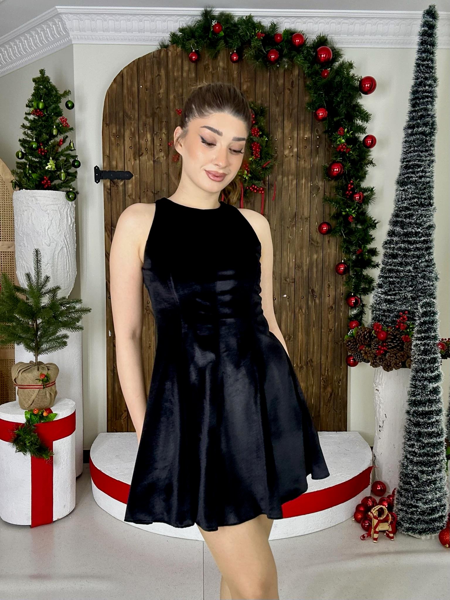 Fransız Kadife Kumaş Tasarım Elbise Siyah