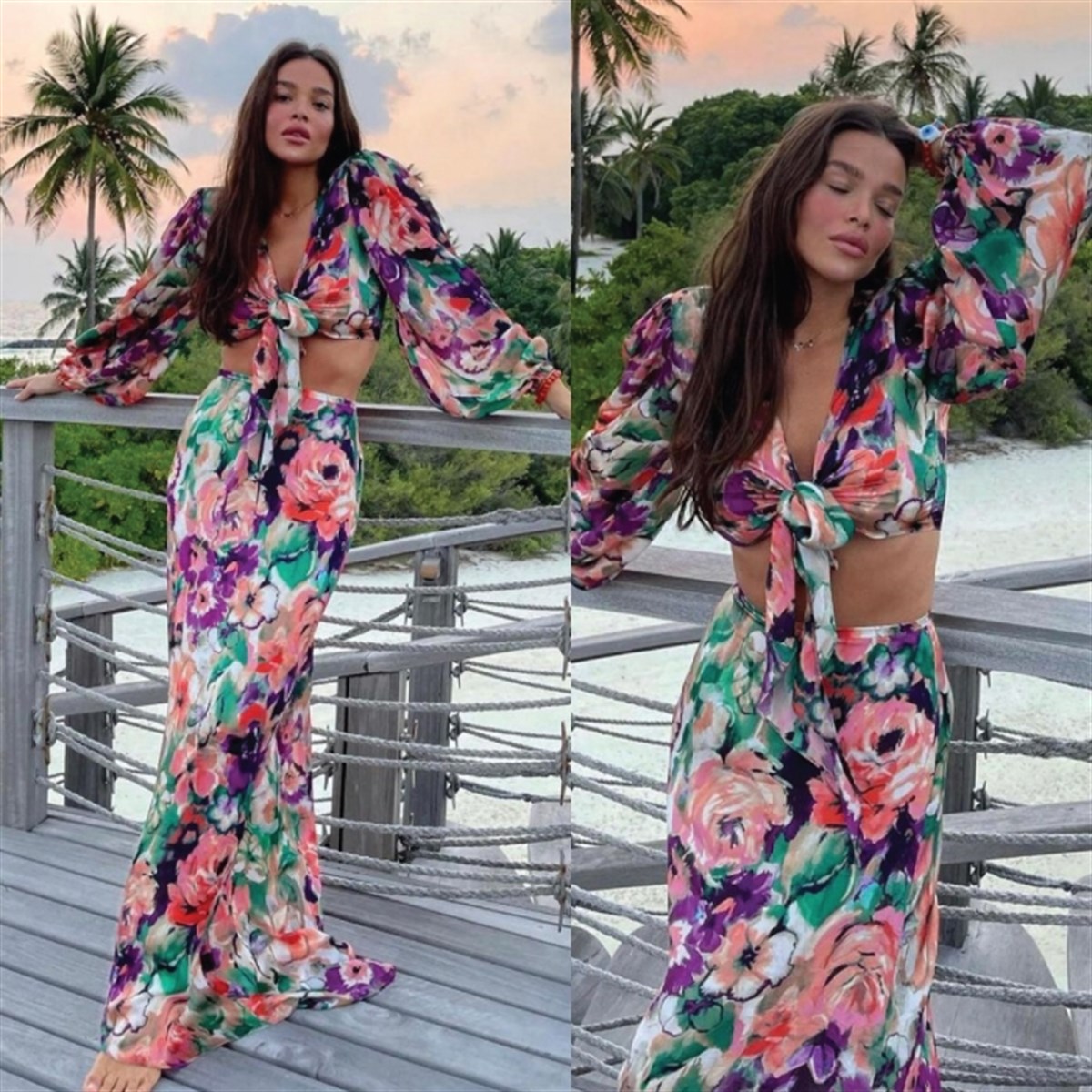 GÖĞÜS BAĞ DETAY FLORAL DESEN ETEKLİ TAKIM