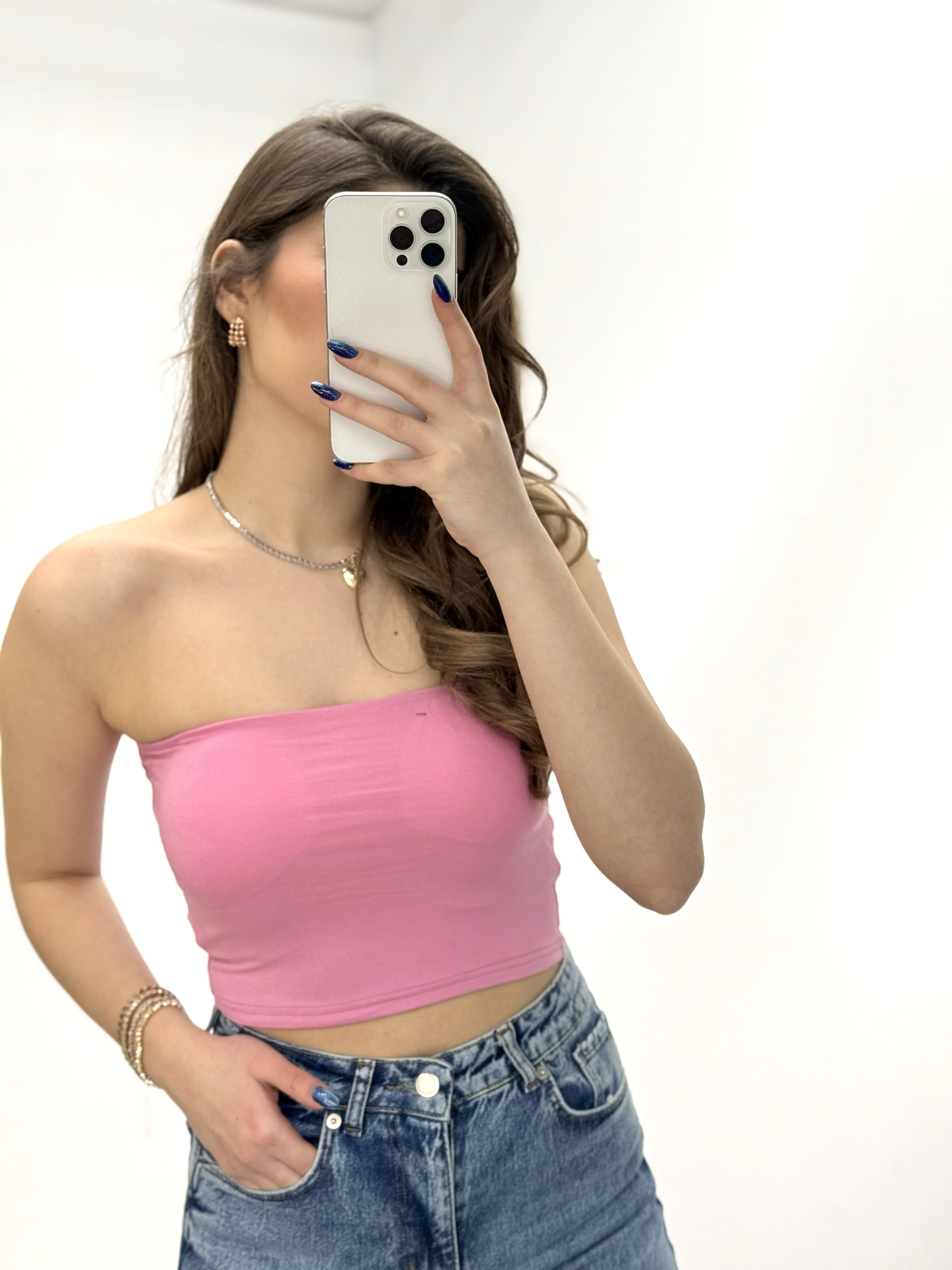 Göğüs Dolgulu Straplez Crop Pembe