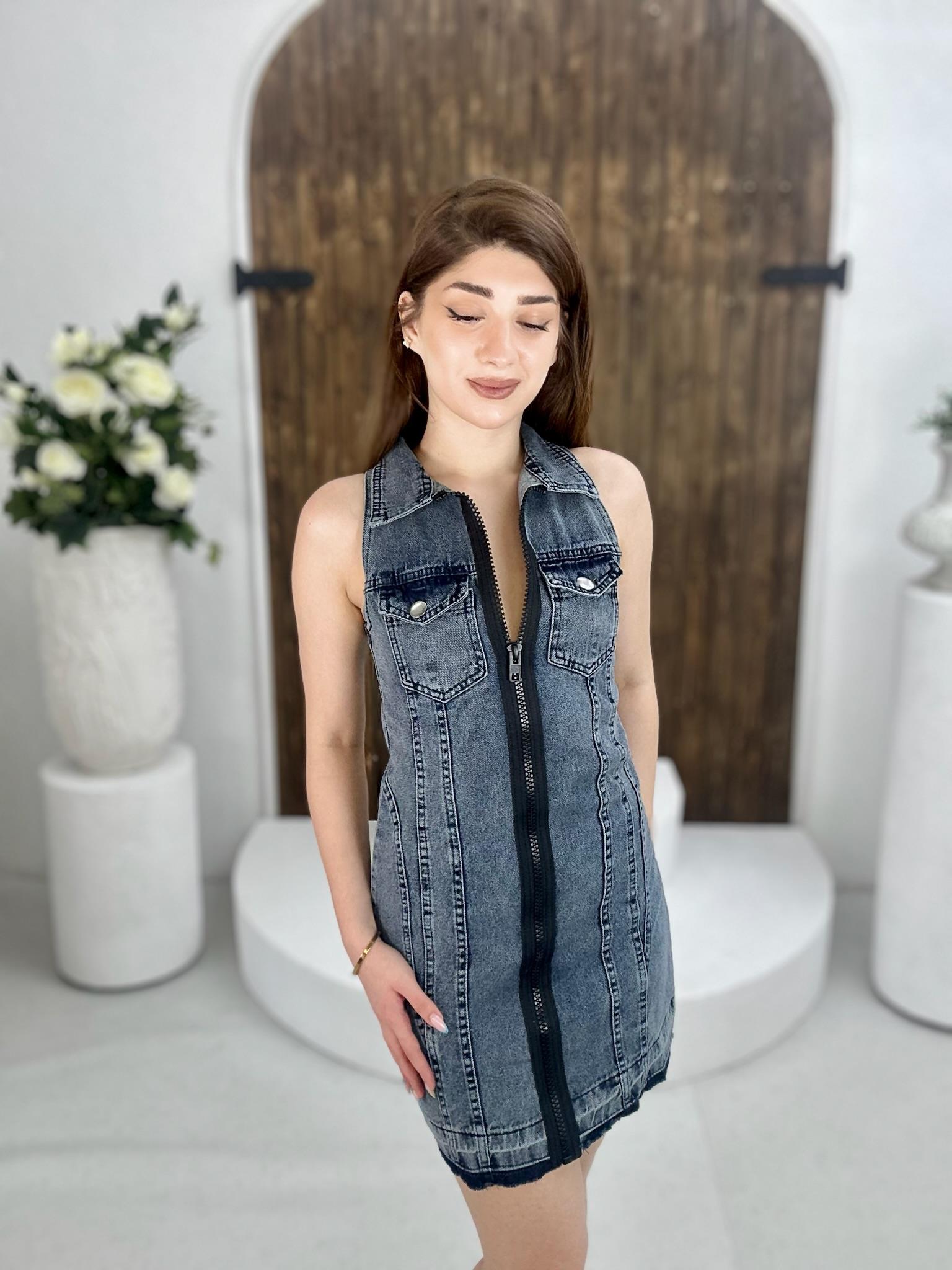 Gri Yıkamalı Jean Kumaş Boydan Fermuarlı Elbise