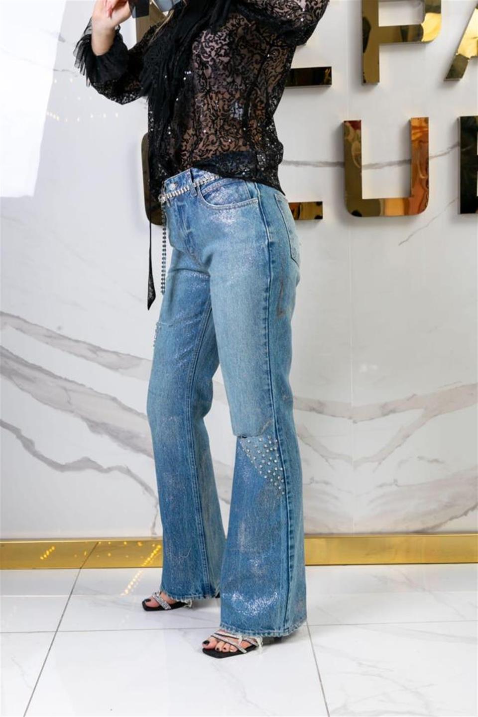 Gümüş Sim Yıkamalı Taş Dizayn Kemer Dahil Jean